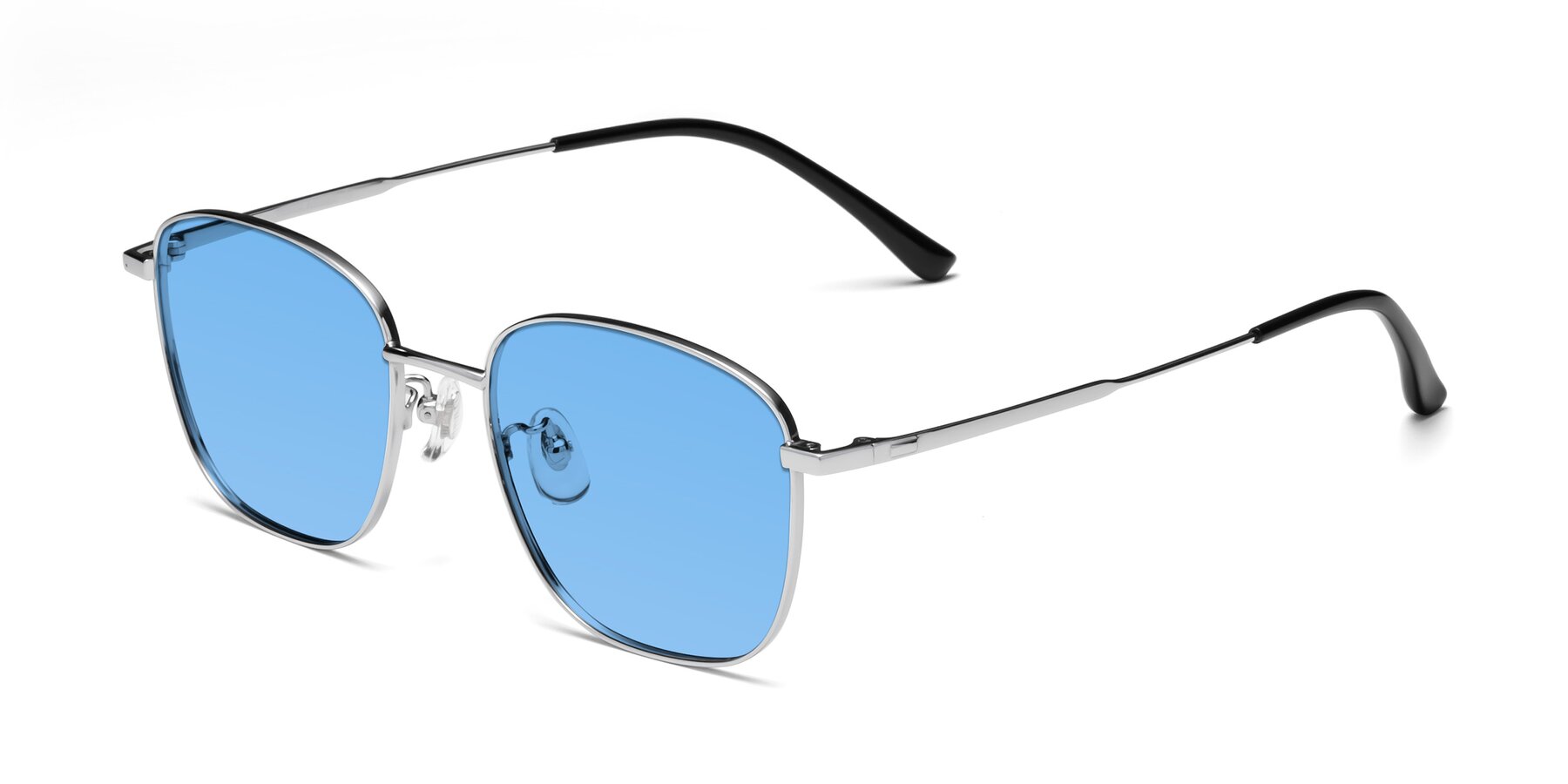 Angle of Tim in Silver with Medium Blue Tinted Lenses
