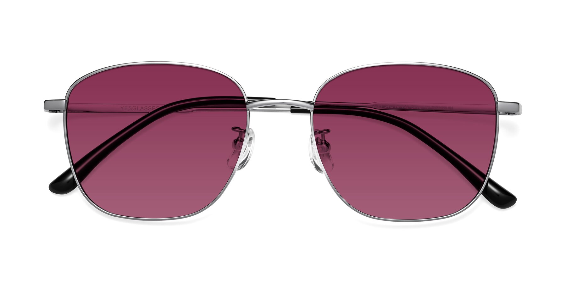 Folded Front of Tim in Silver with Wine Tinted Lenses