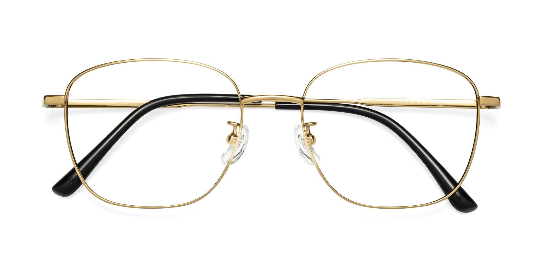 Folded Front of Tim in Gold with Clear Eyeglass Lenses