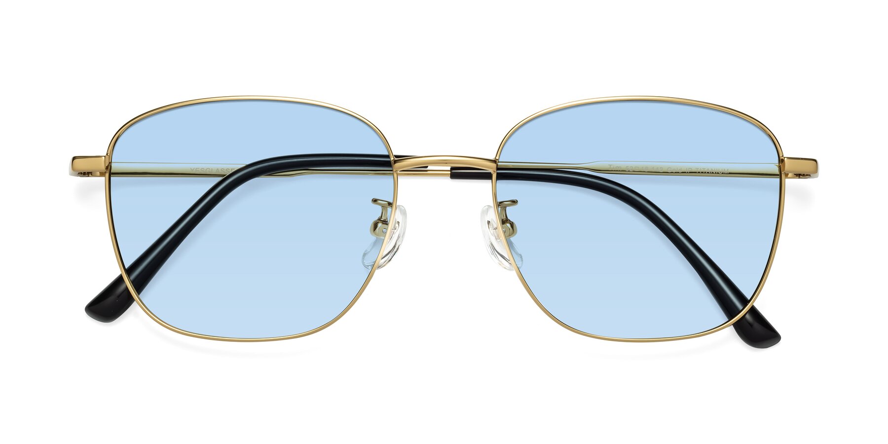 Folded Front of Tim in Gold with Light Blue Tinted Lenses