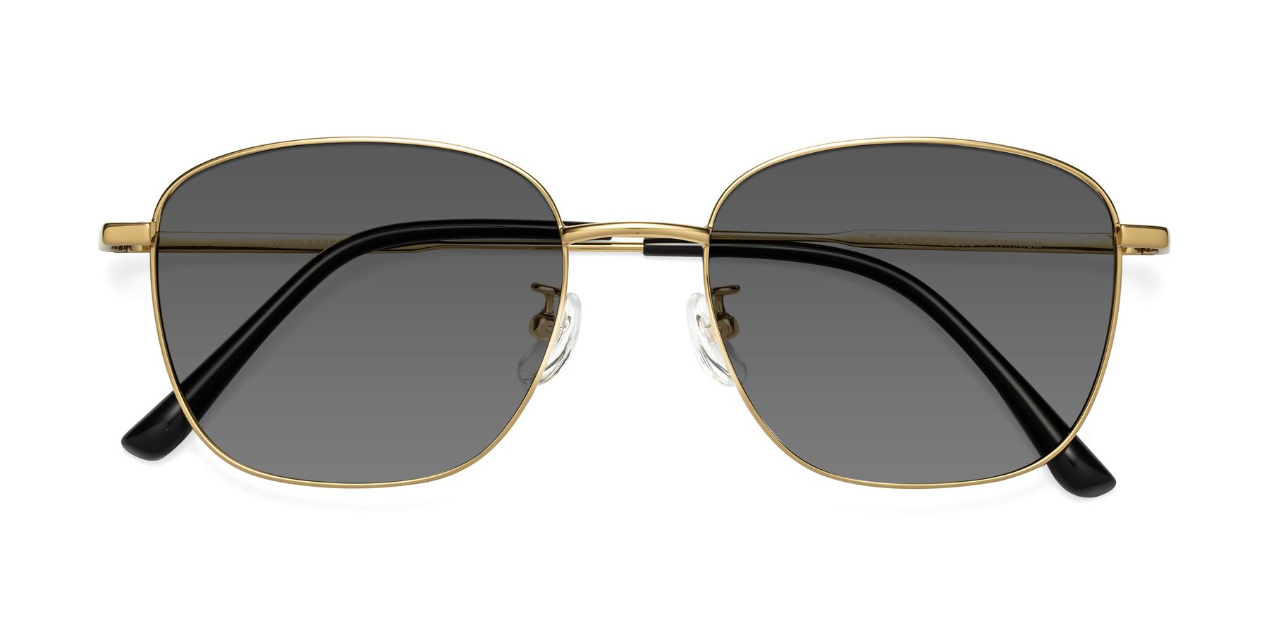 Folded Front of Tim in Gold with Medium Gray Tinted Lenses