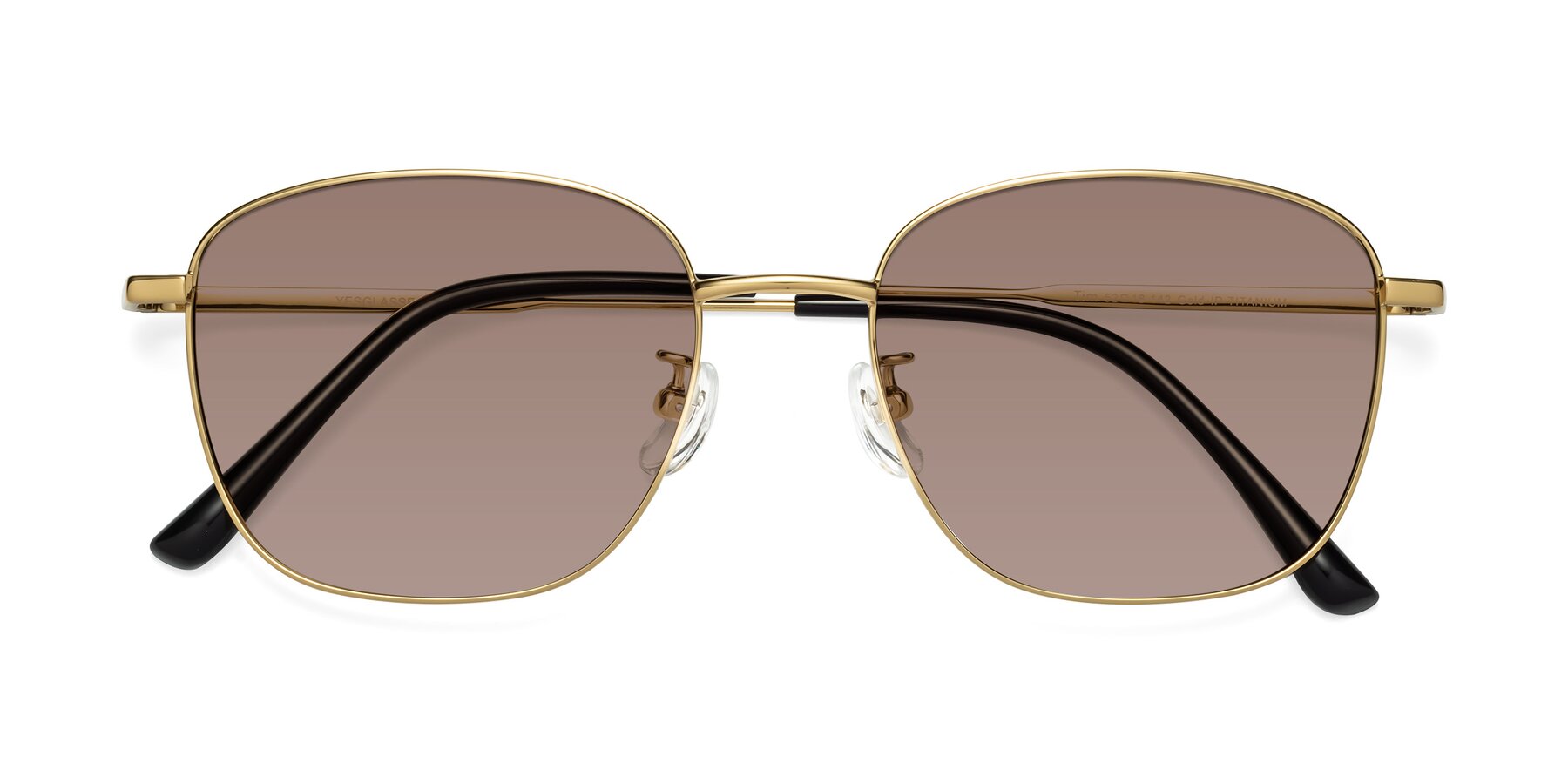 Folded Front of Tim in Gold with Medium Brown Tinted Lenses