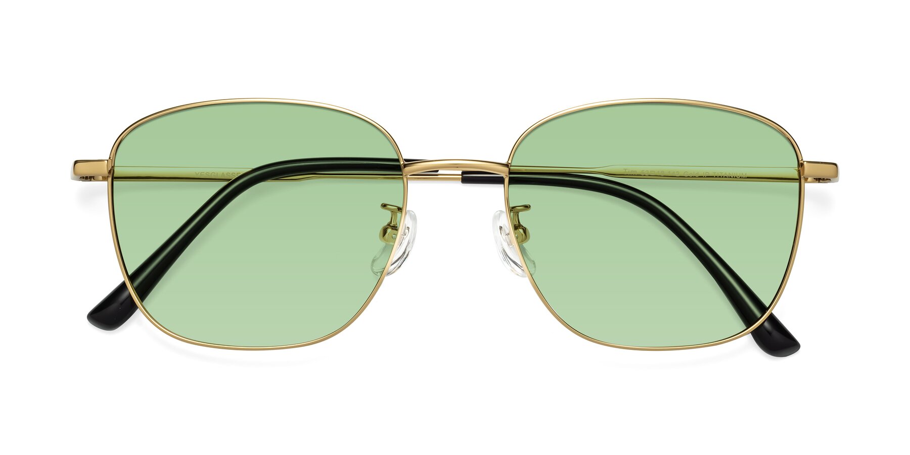 Folded Front of Tim in Gold with Medium Green Tinted Lenses