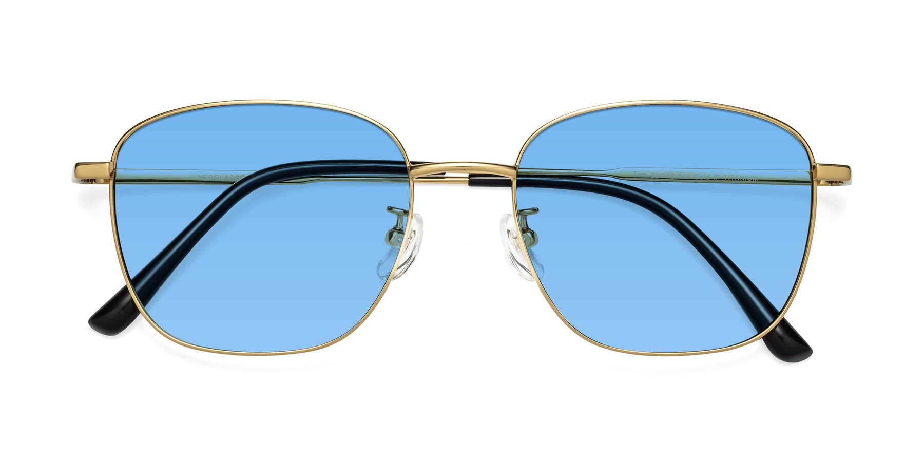 Folded Front of Tim in Gold with Medium Blue Tinted Lenses