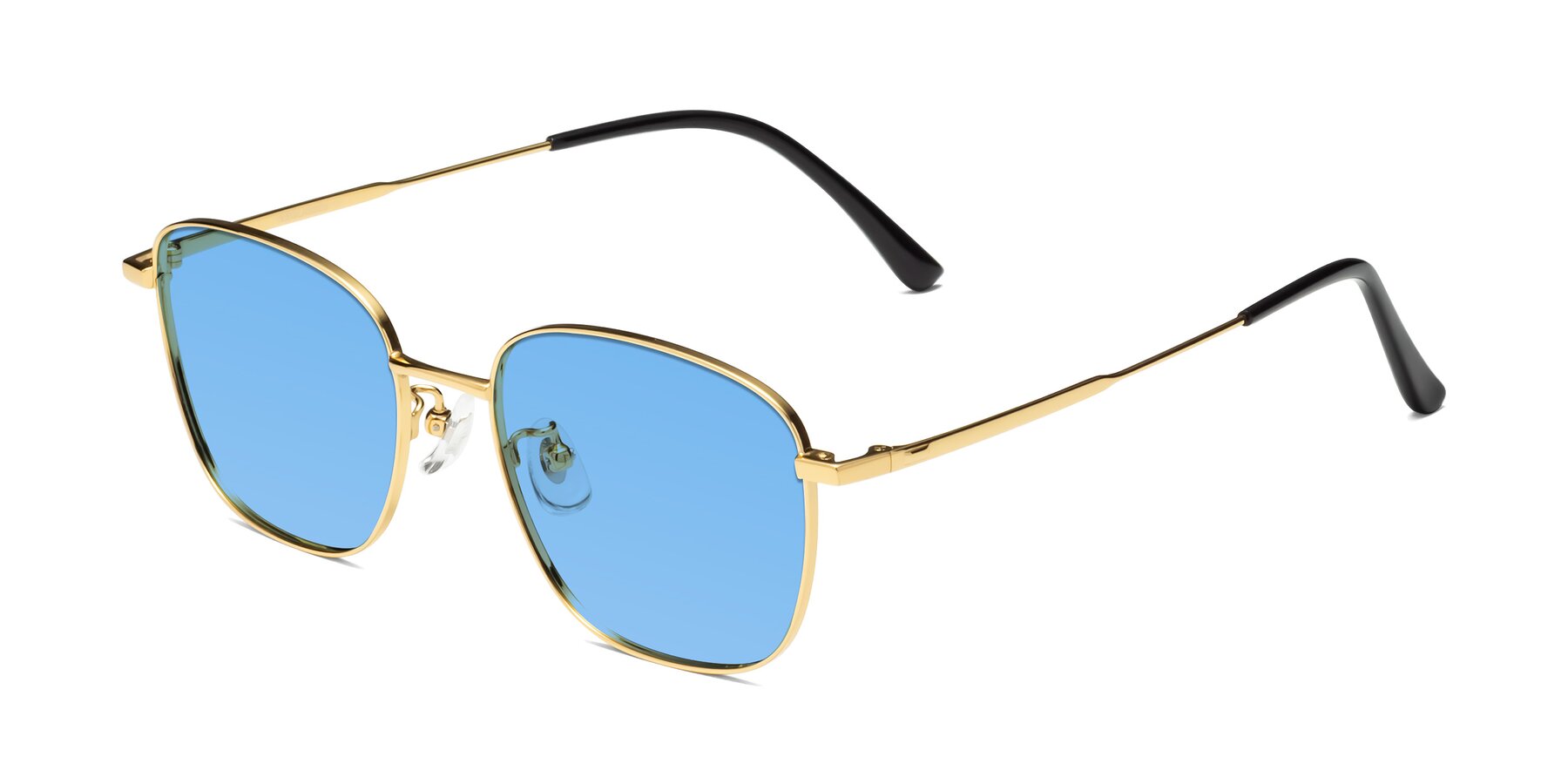 Angle of Tim in Gold with Medium Blue Tinted Lenses