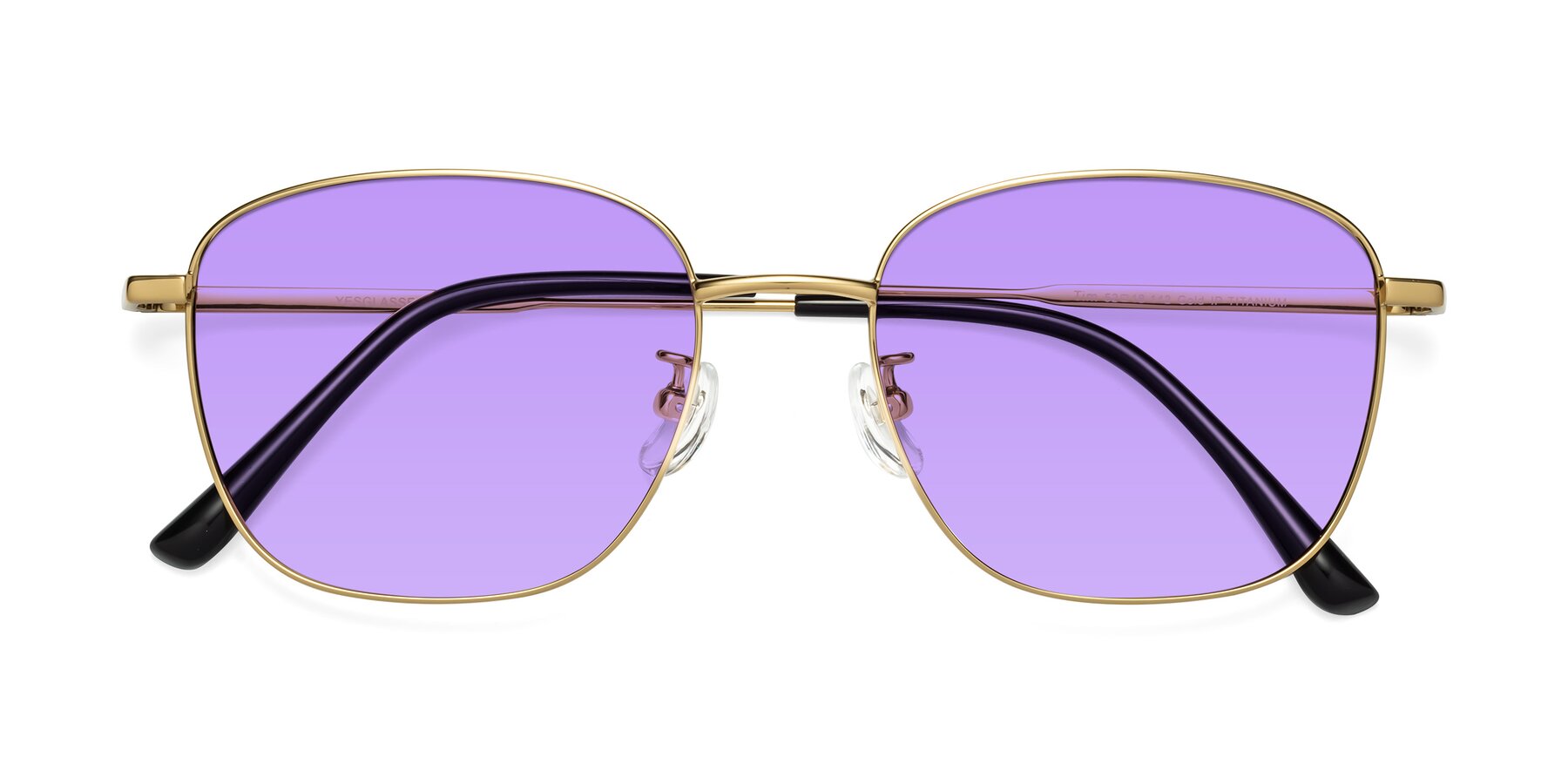 Folded Front of Tim in Gold with Medium Purple Tinted Lenses