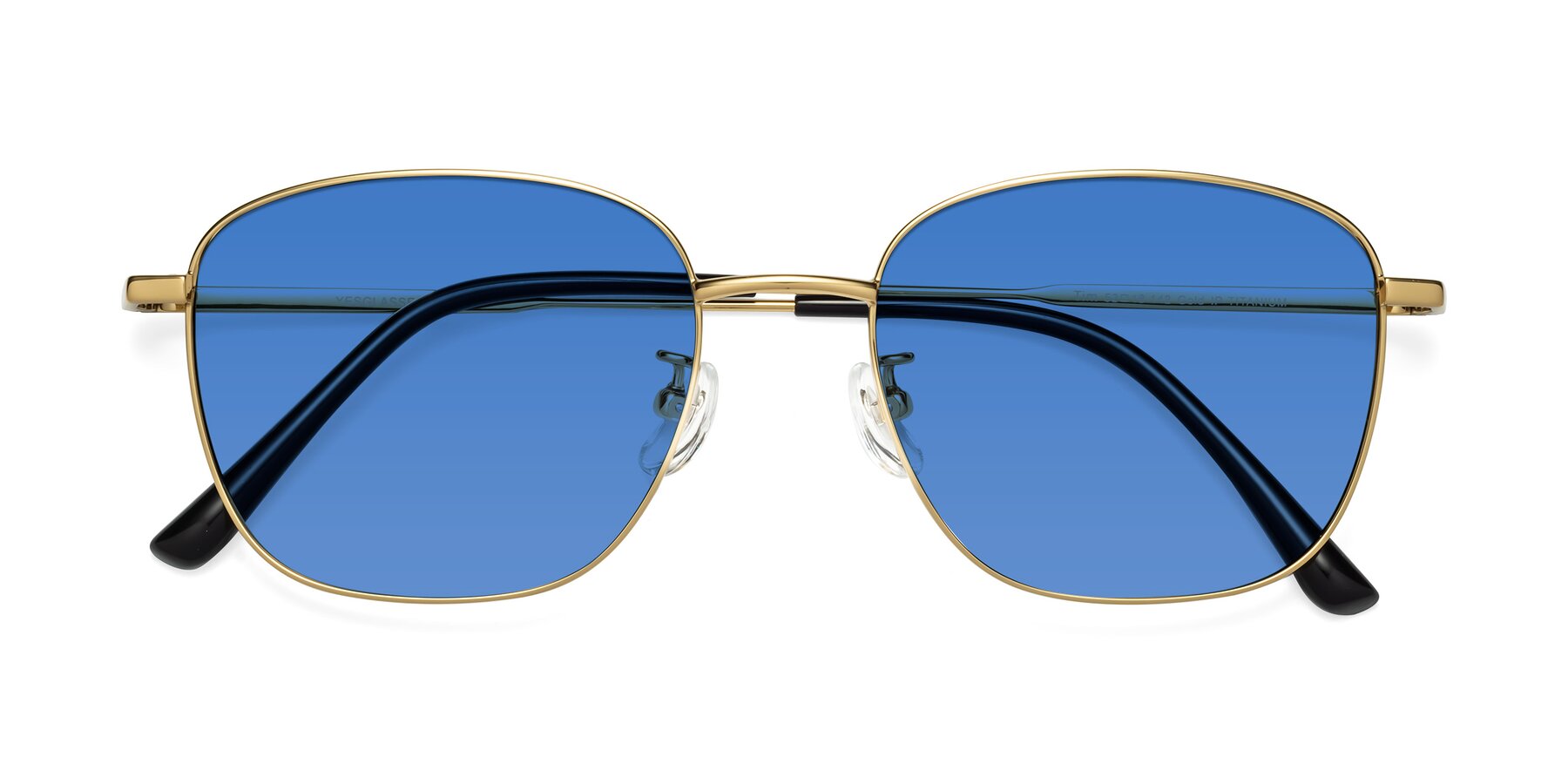 Folded Front of Tim in Gold with Blue Tinted Lenses