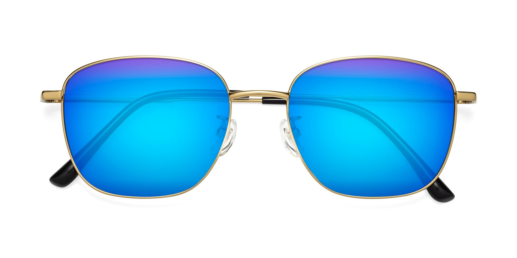 Folded Front of Tim in Gold with Blue Mirrored Lenses