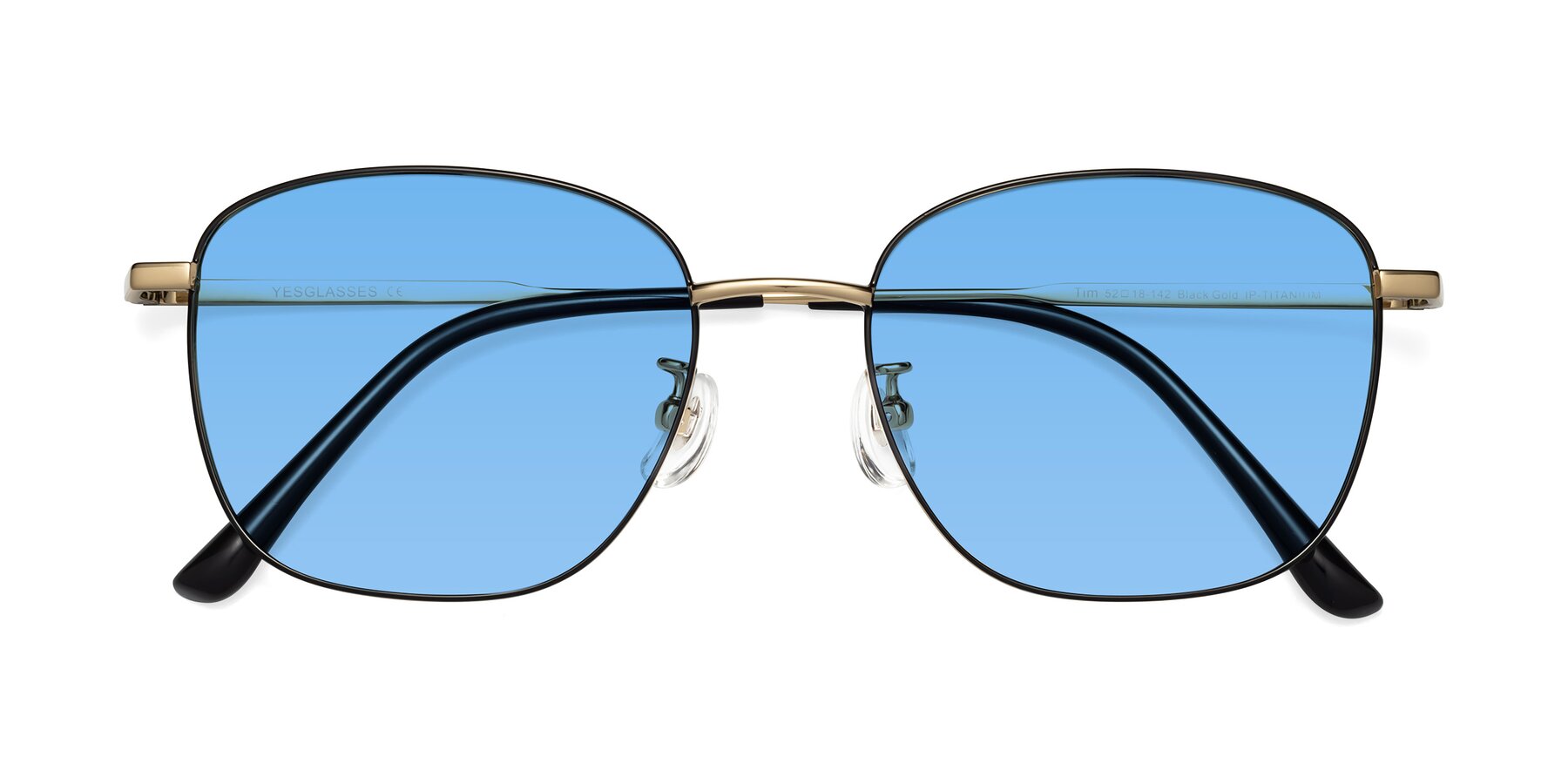Folded Front of Tim in Black-Gold with Medium Blue Tinted Lenses