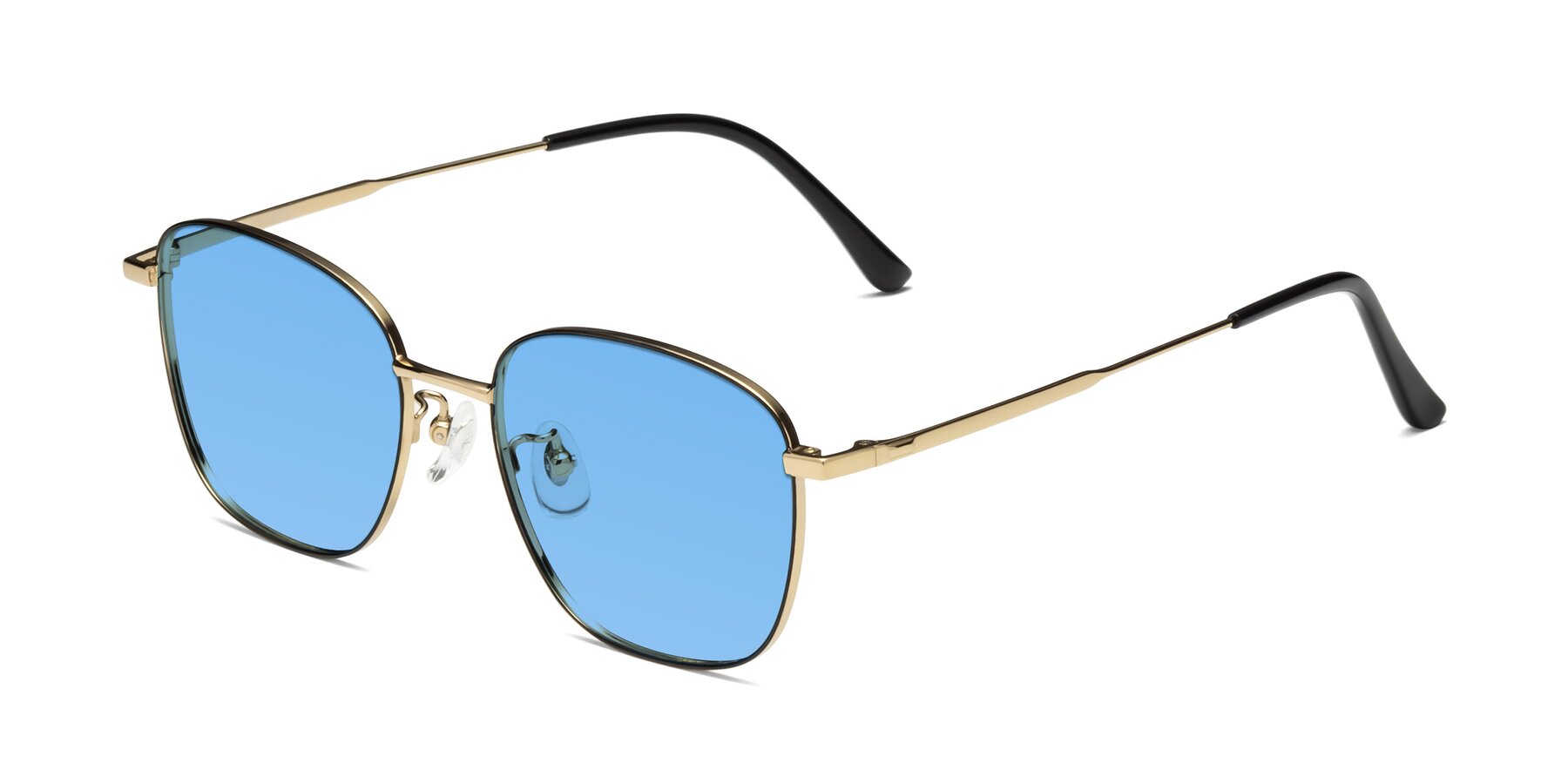 Angle of Tim in Black-Gold with Medium Blue Tinted Lenses