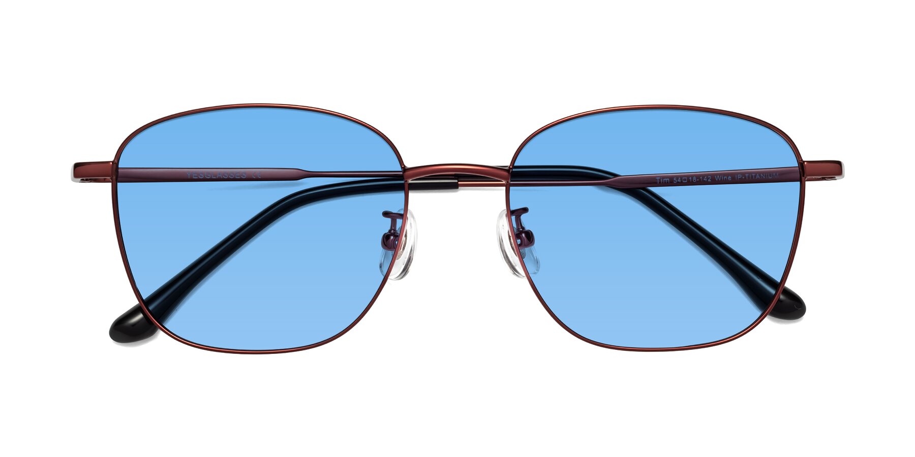 Folded Front of Tim in Wine with Medium Blue Tinted Lenses