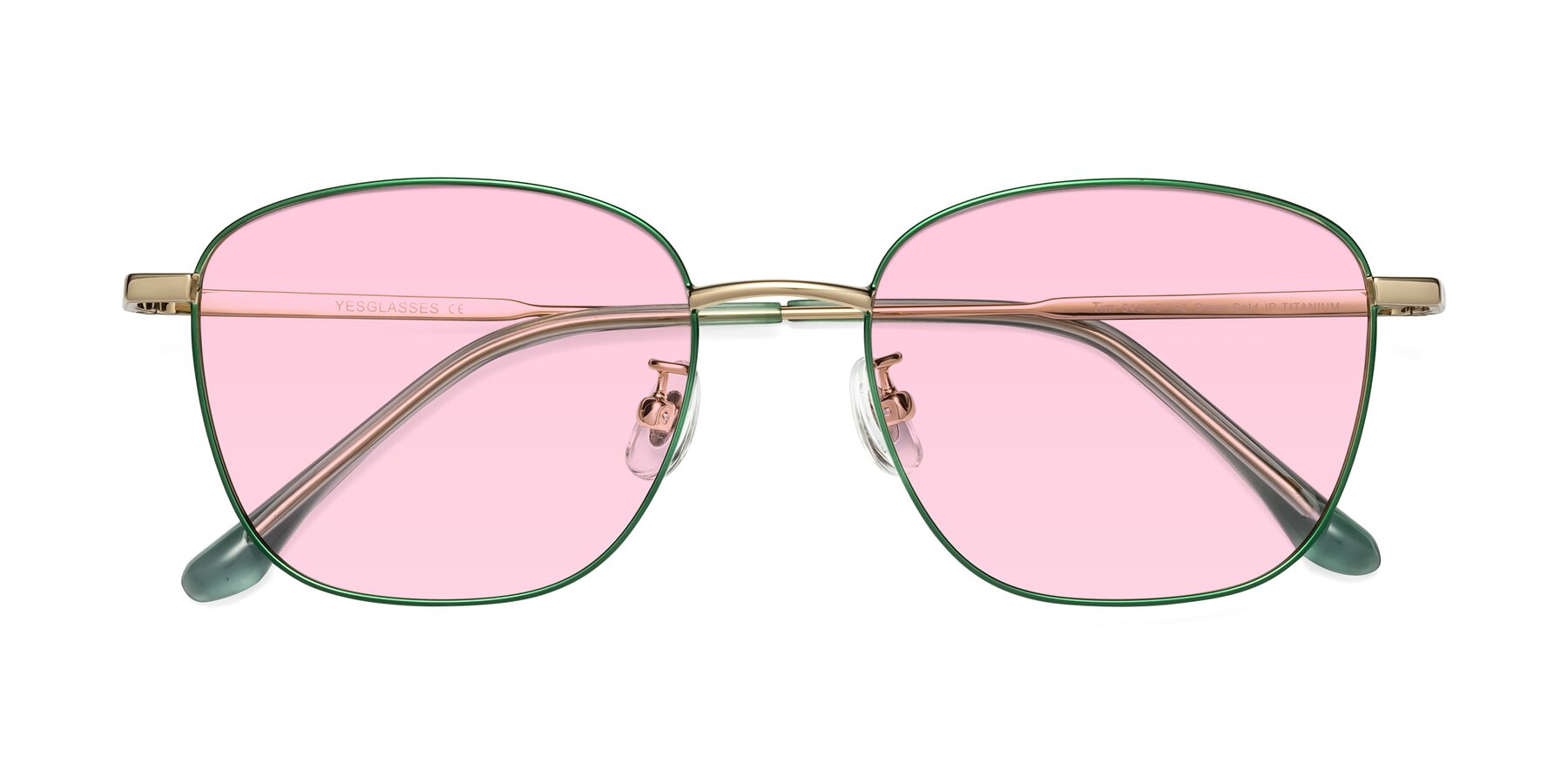 Folded Front of Tim in Green with Light Pink Tinted Lenses