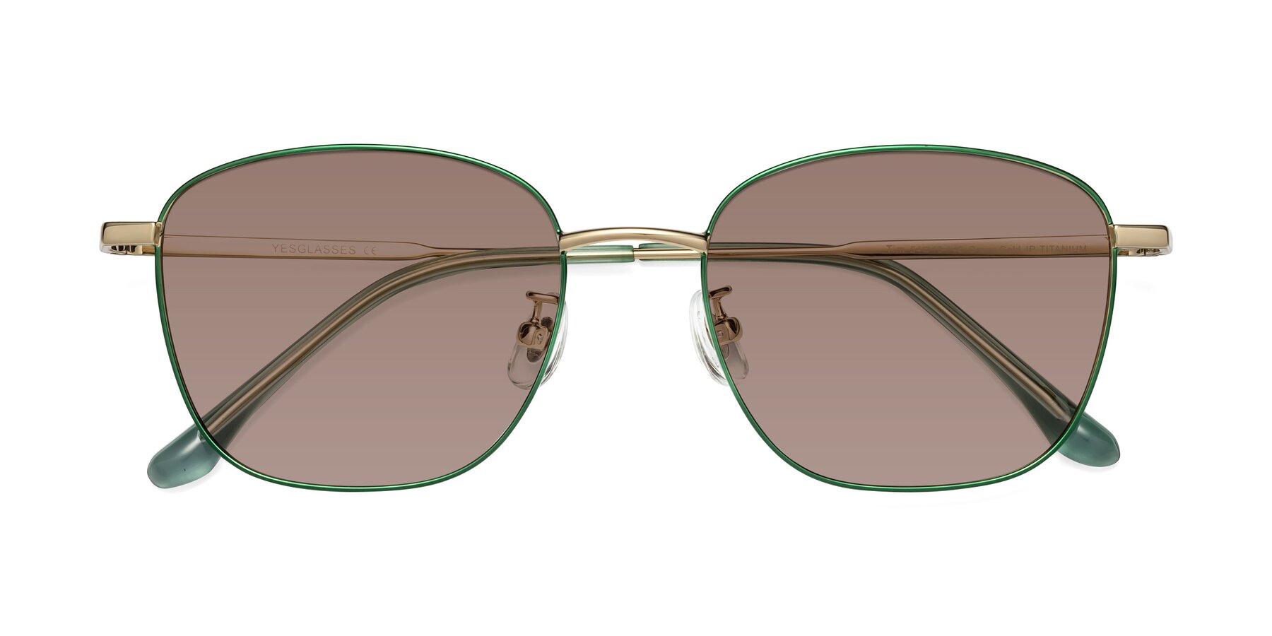 Folded Front of Tim in Green with Medium Brown Tinted Lenses