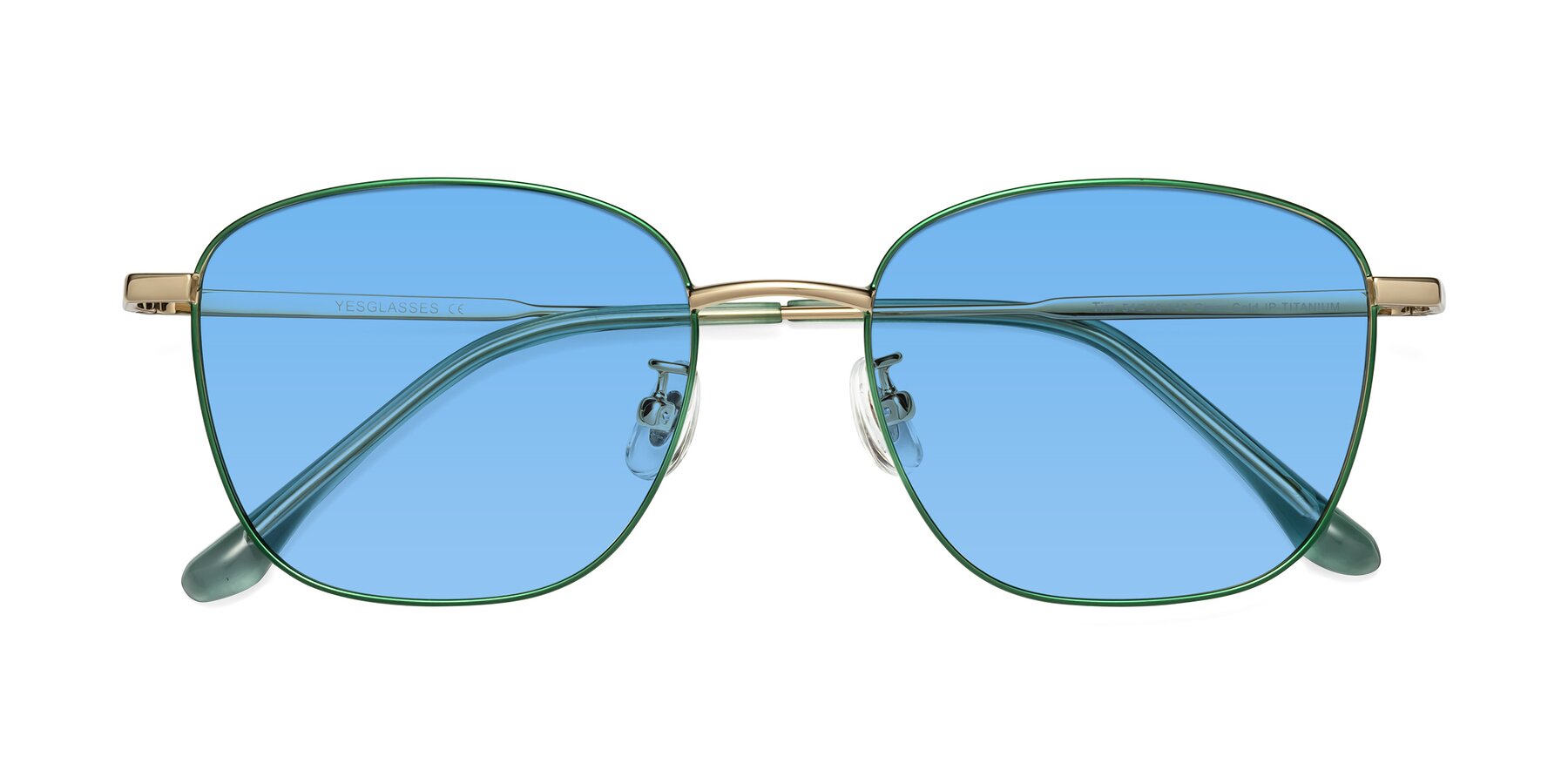 Folded Front of Tim in Green with Medium Blue Tinted Lenses