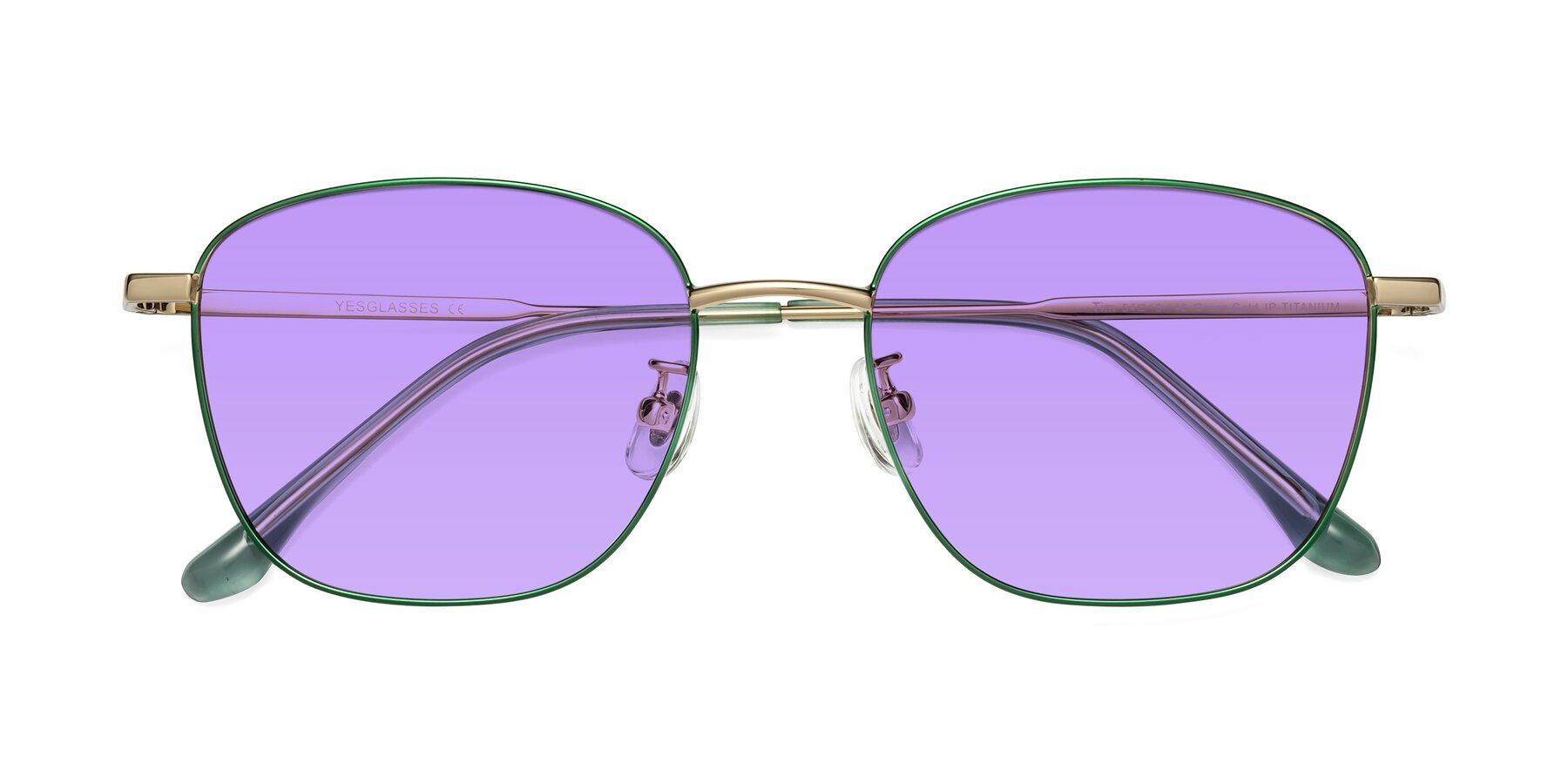 Folded Front of Tim in Green with Medium Purple Tinted Lenses