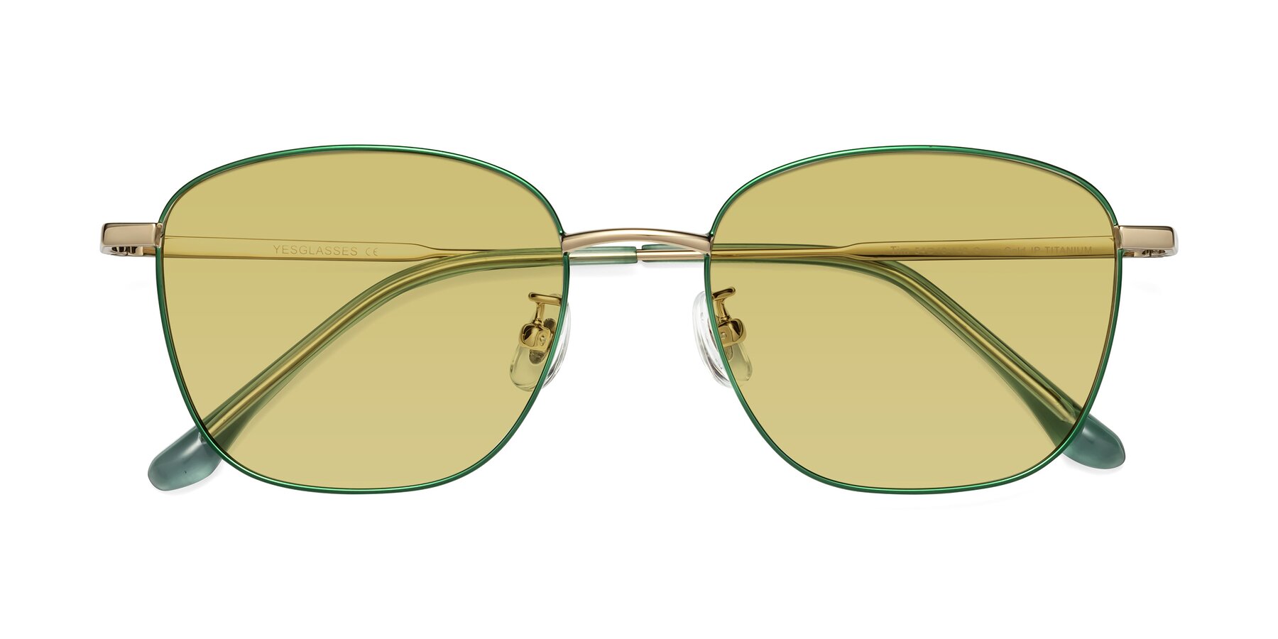 Folded Front of Tim in Green with Medium Champagne Tinted Lenses