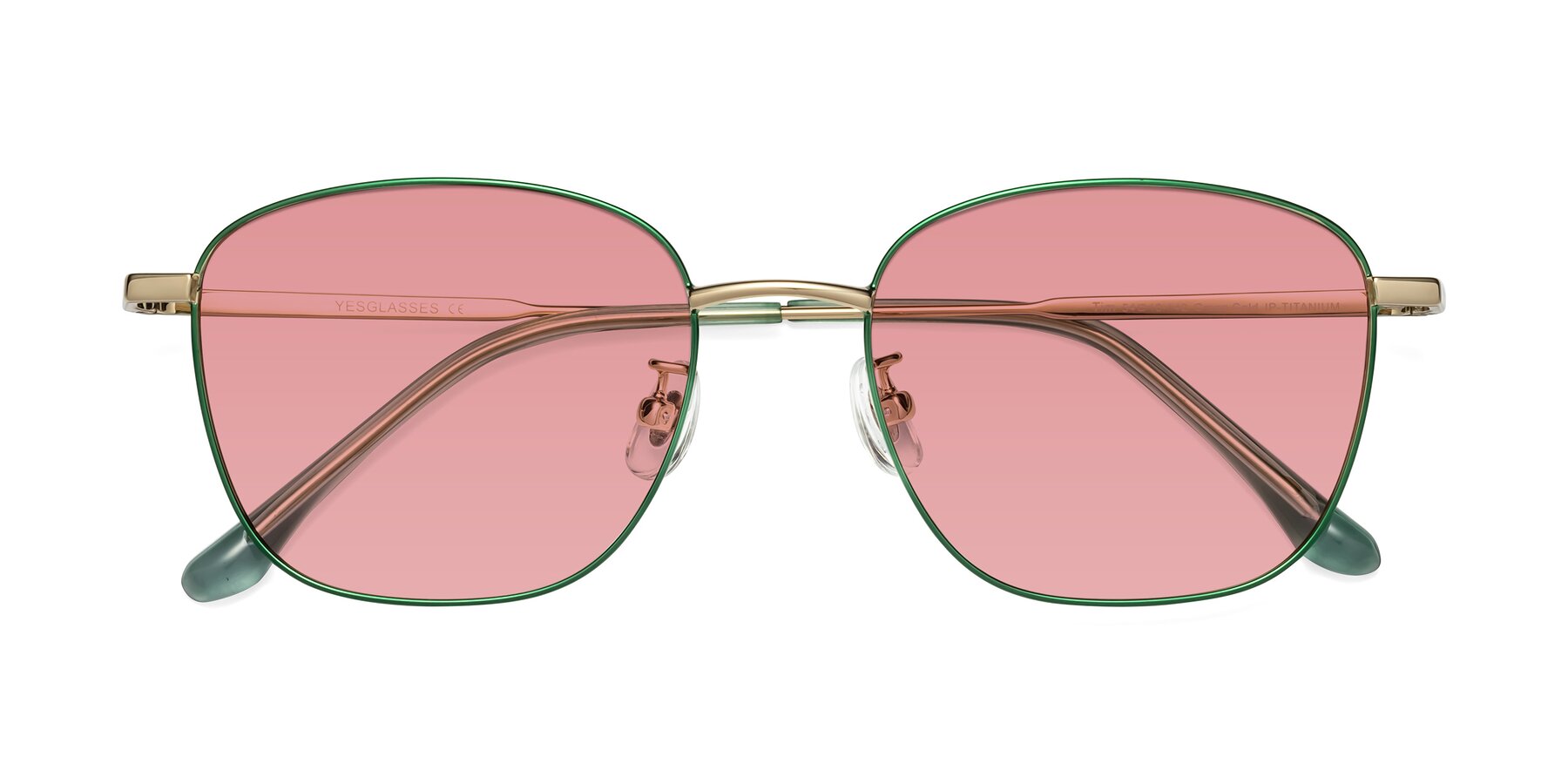 Folded Front of Tim in Green with Medium Garnet Tinted Lenses