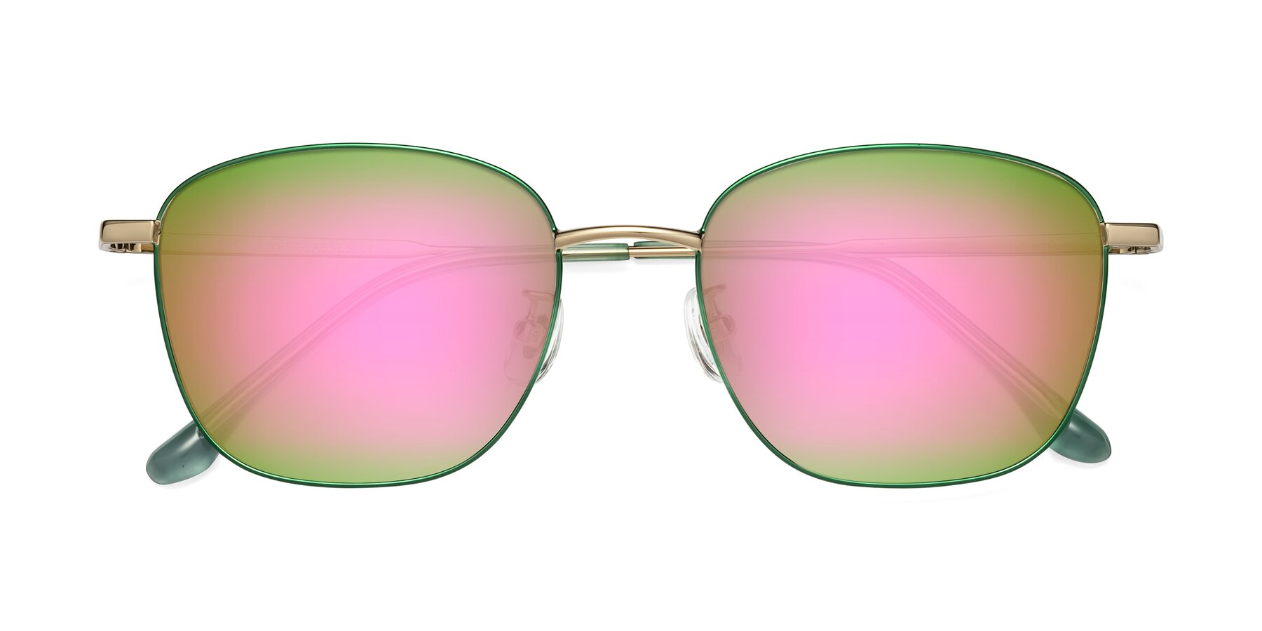 Folded Front of Tim in Green with Pink Mirrored Lenses