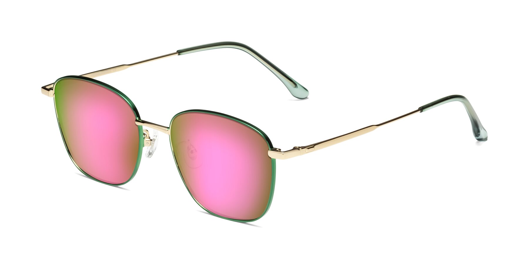 Angle of Tim in Green with Pink Mirrored Lenses