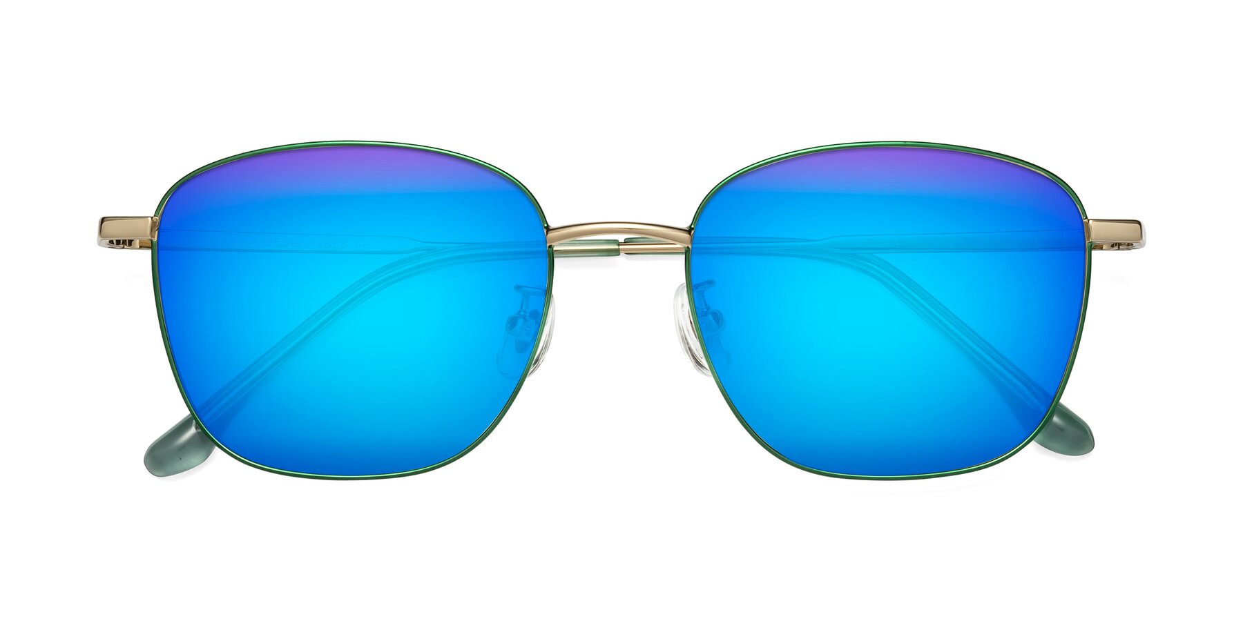 Folded Front of Tim in Green with Blue Mirrored Lenses