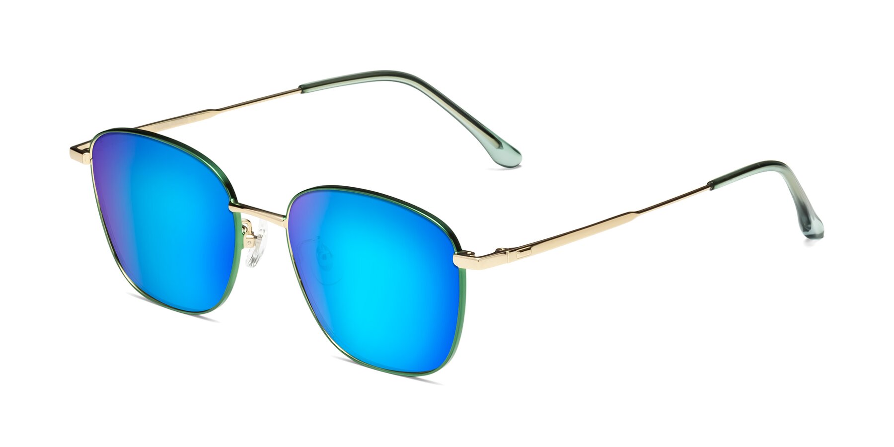 Angle of Tim in Green with Blue Mirrored Lenses