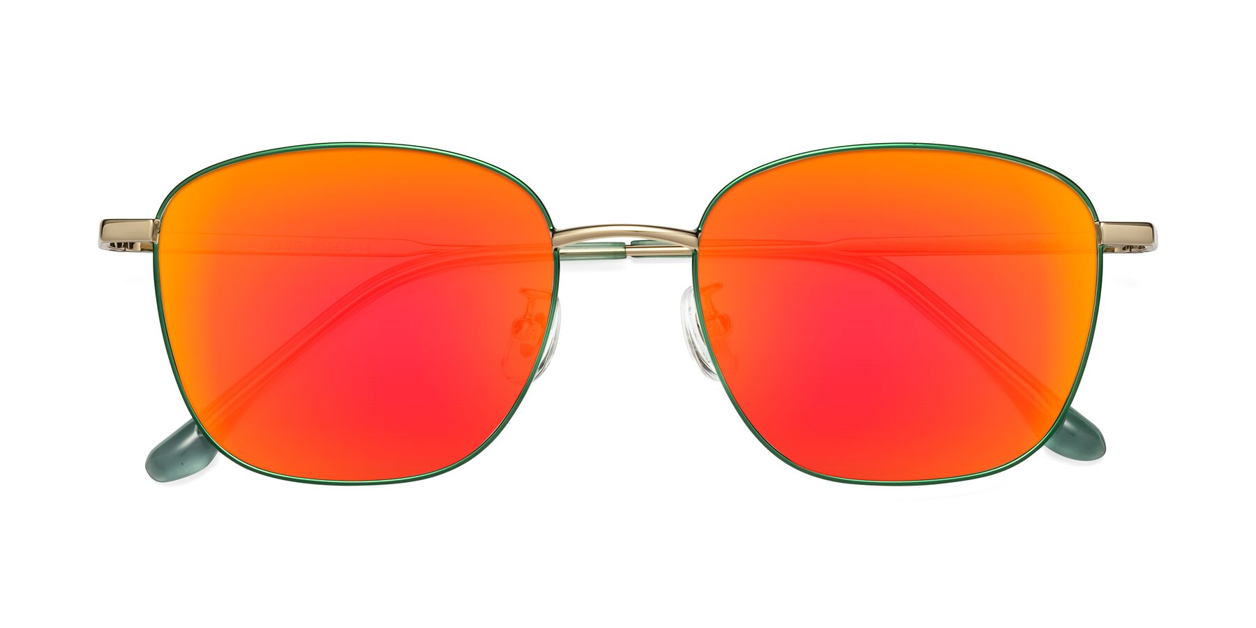 Folded Front of Tim in Green with Red Gold Mirrored Lenses