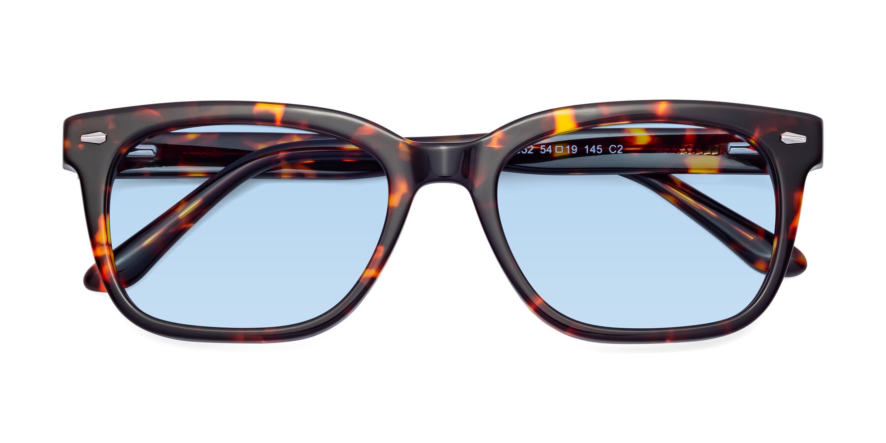 Folded Front of 1052 in Red Tortoise with Light Blue Tinted Lenses