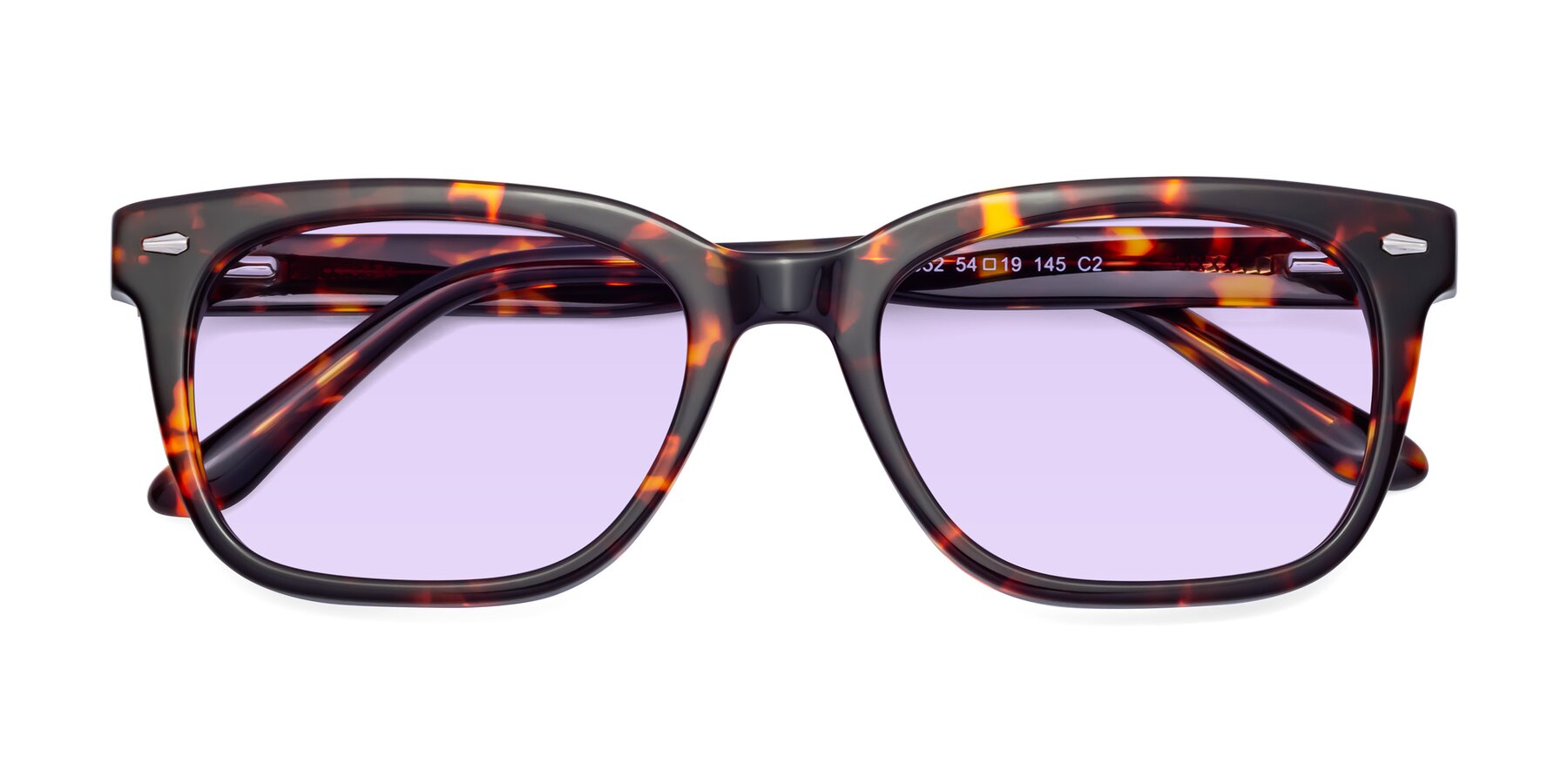 Folded Front of 1052 in Red Tortoise with Light Purple Tinted Lenses