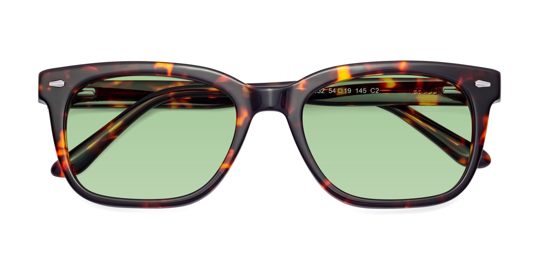 Folded Front of 1052 in Red Tortoise with Medium Green Tinted Lenses
