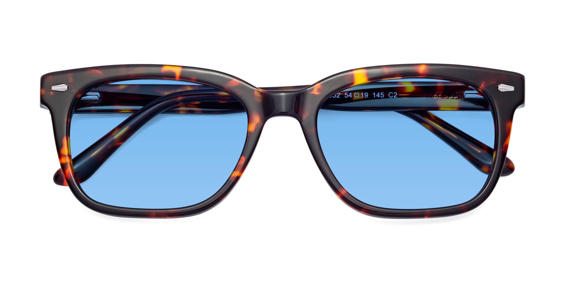 Folded Front of 1052 in Red Tortoise with Medium Blue Tinted Lenses