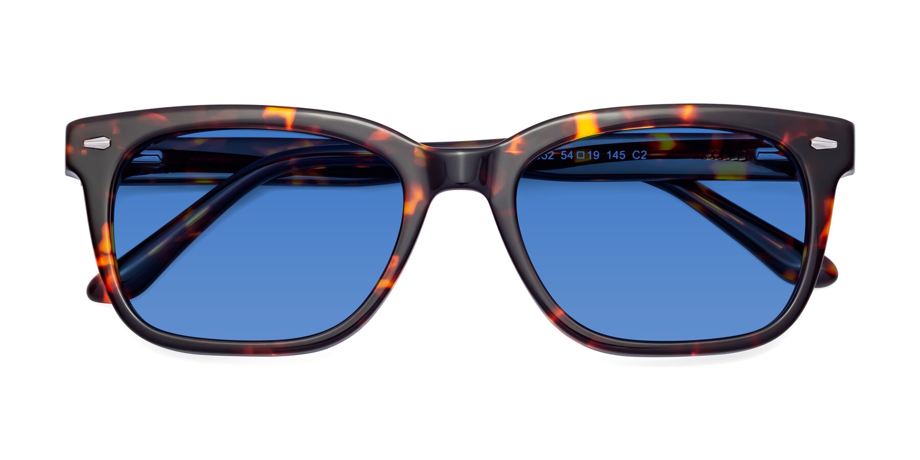 Folded Front of 1052 in Red Tortoise with Blue Tinted Lenses