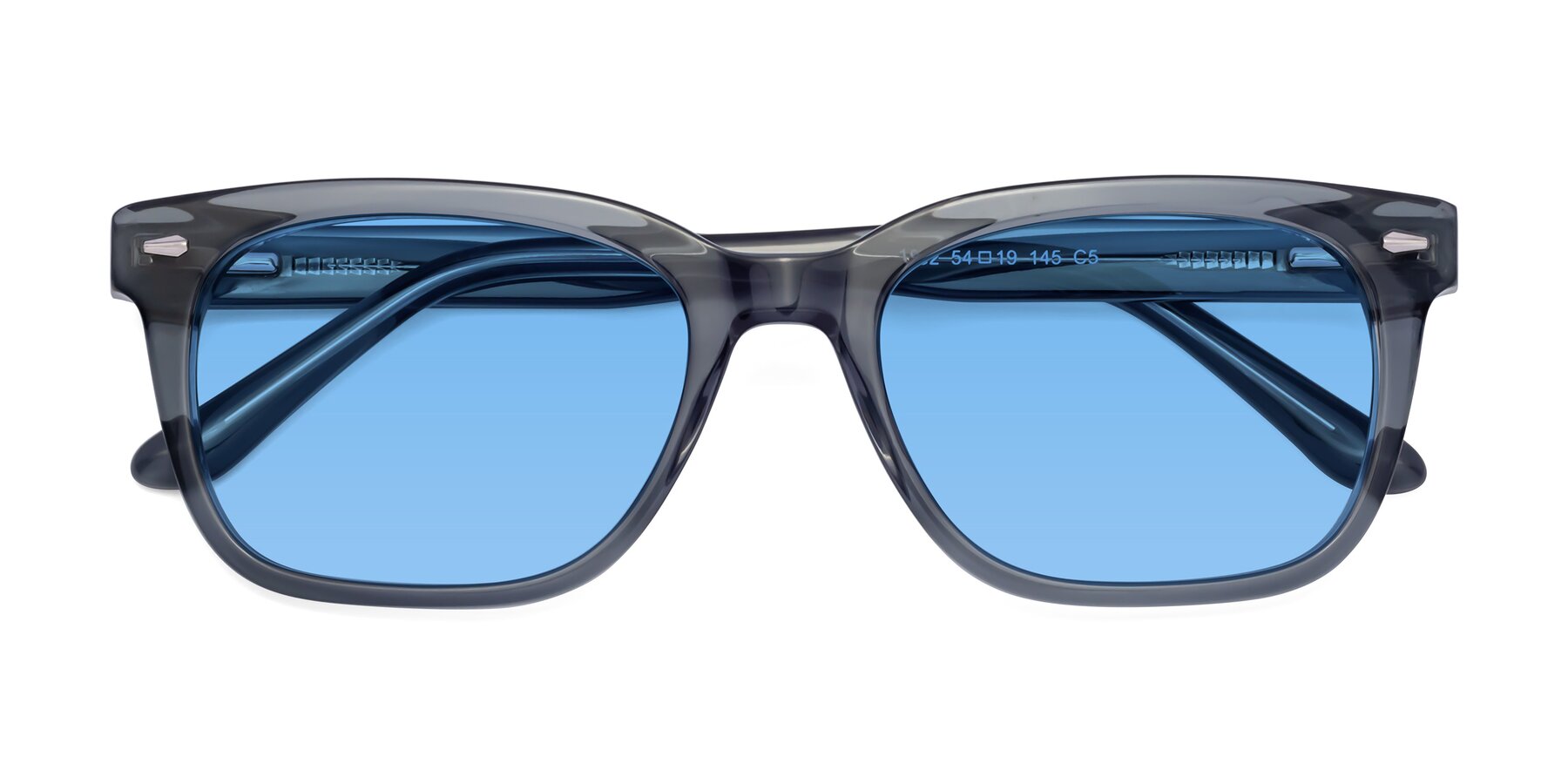 Folded Front of 1052 in Transparent Gray with Medium Blue Tinted Lenses