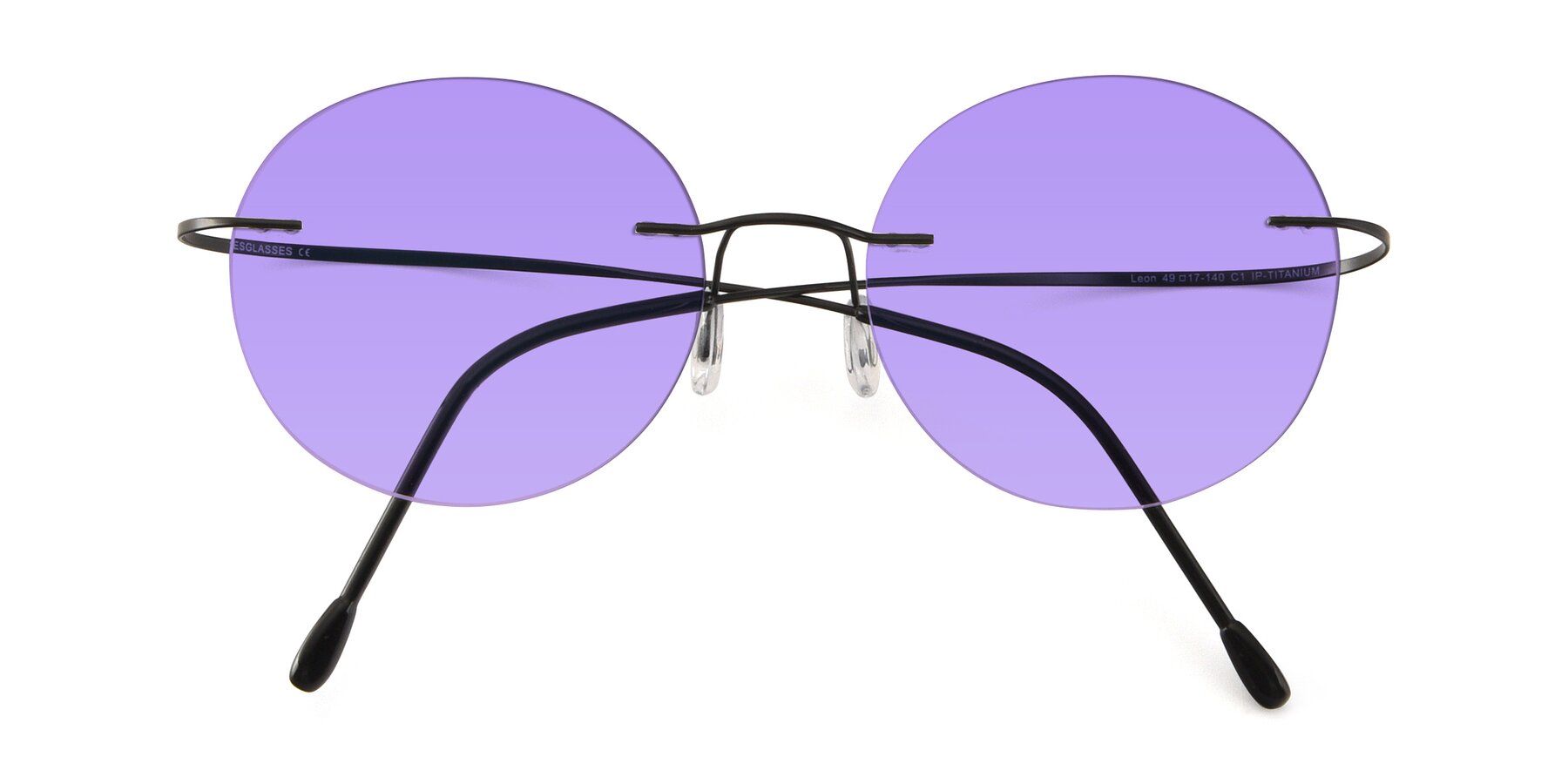 Folded Front of Leon in Black with Medium Purple Tinted Lenses