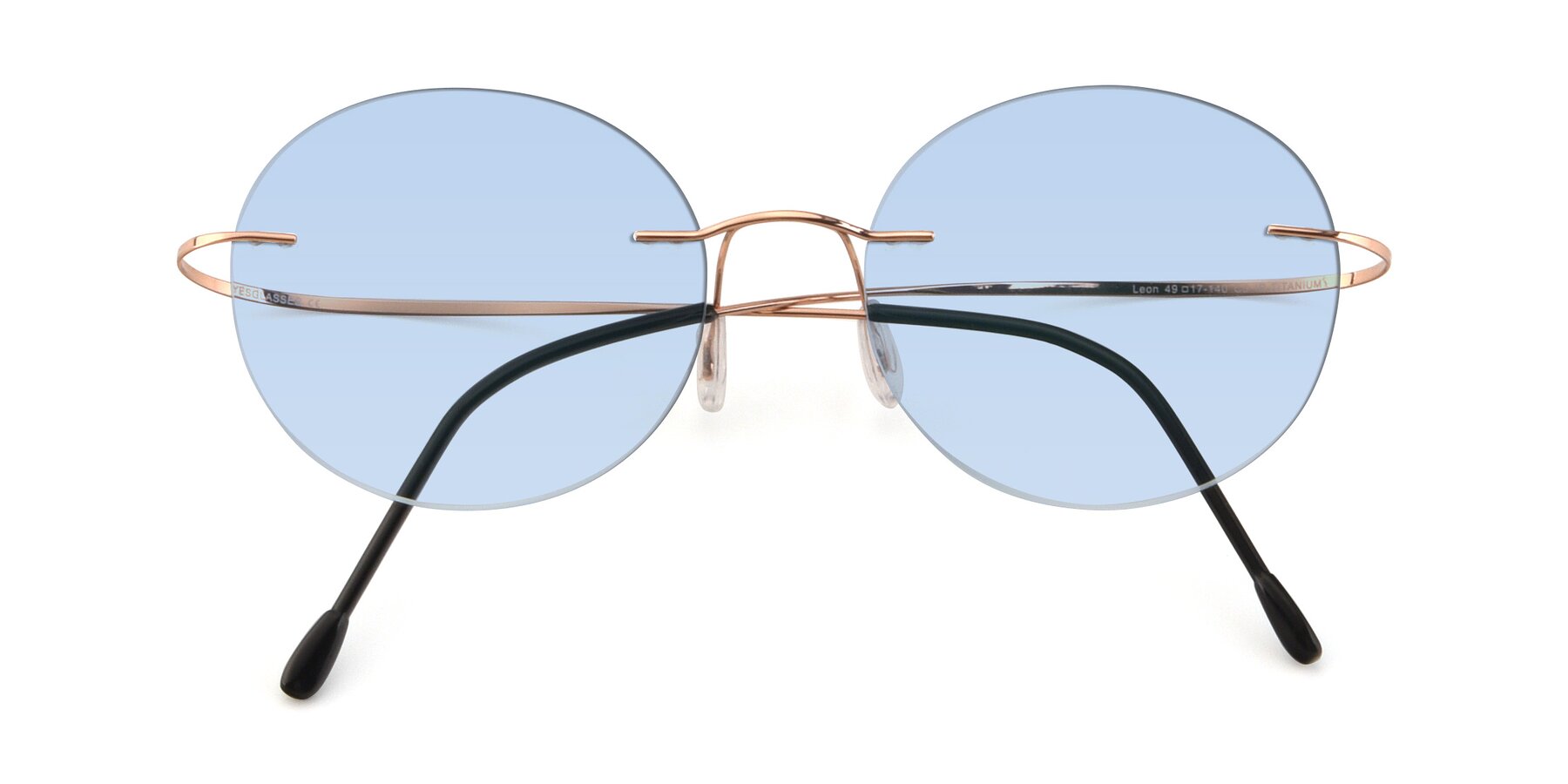 Folded Front of Leon in Rose Gold with Light Blue Tinted Lenses