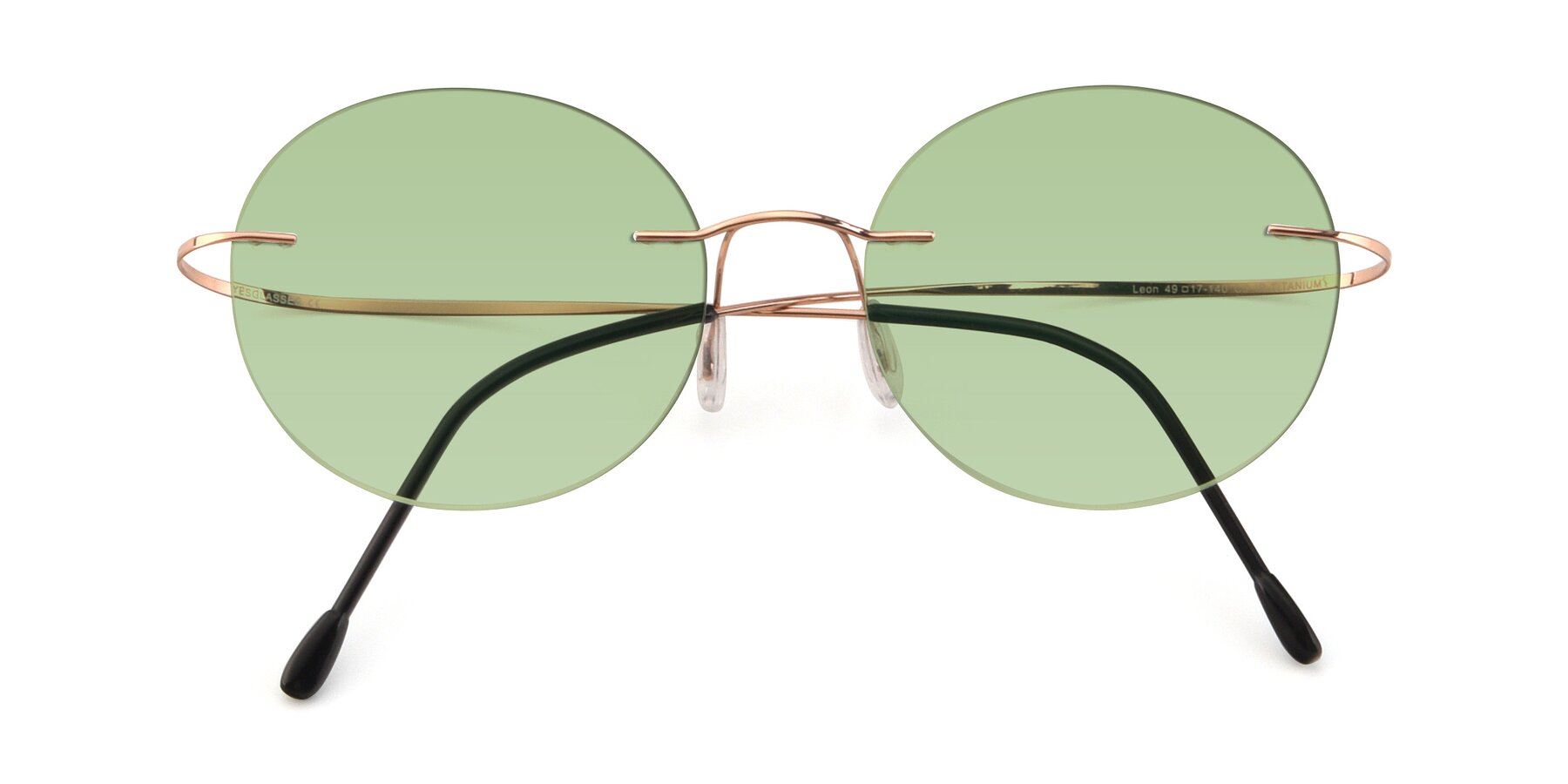 Folded Front of Leon in Rose Gold with Medium Green Tinted Lenses