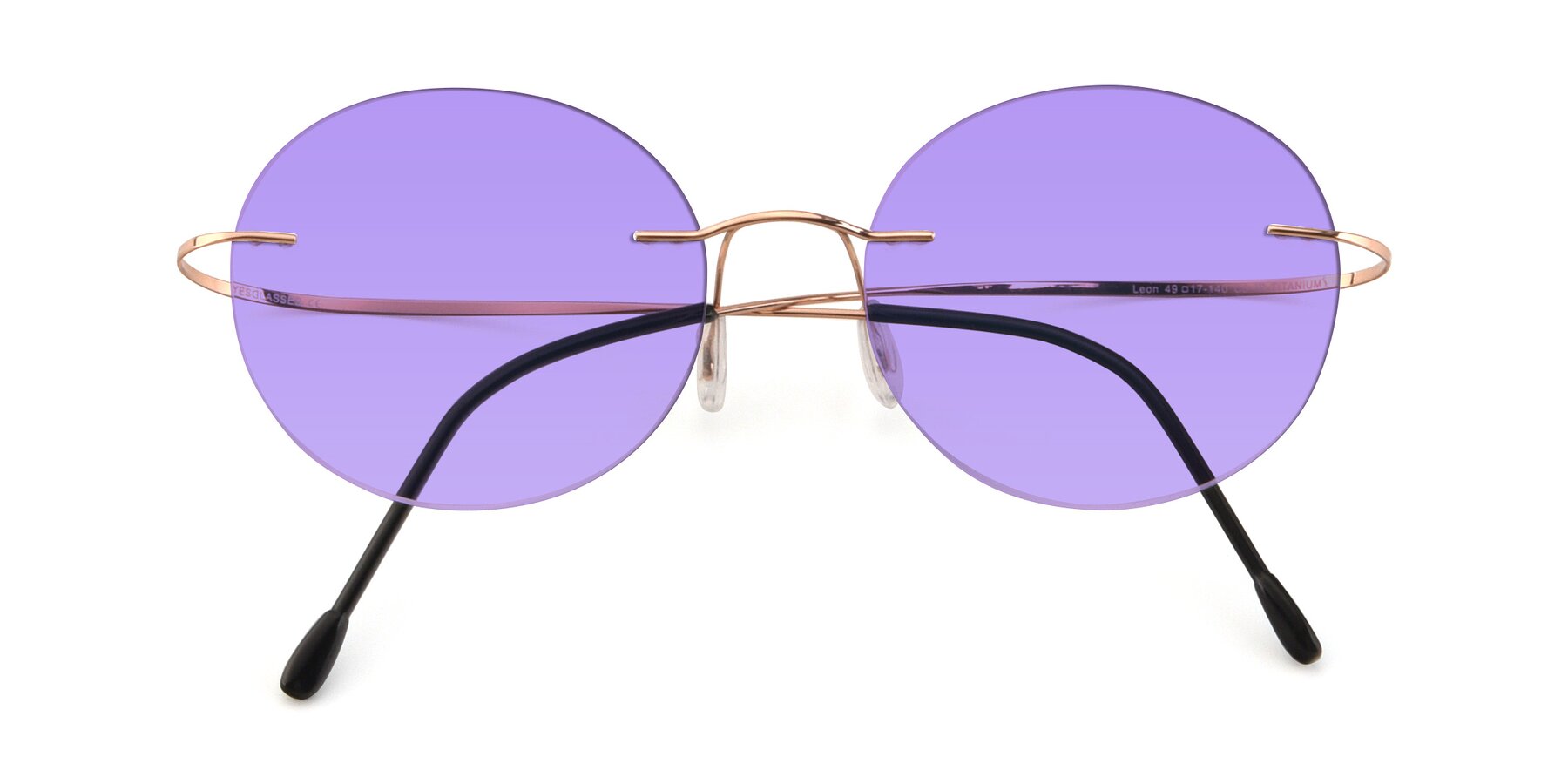 Folded Front of Leon in Rose Gold with Medium Purple Tinted Lenses