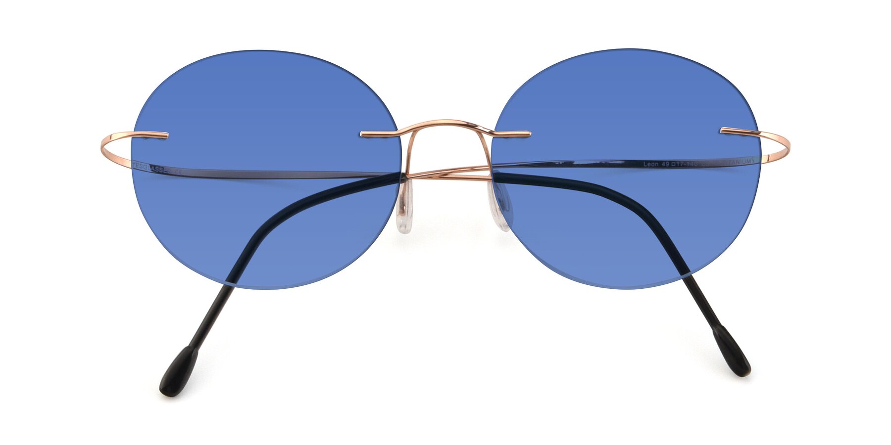 Folded Front of Leon in Rose Gold with Blue Tinted Lenses
