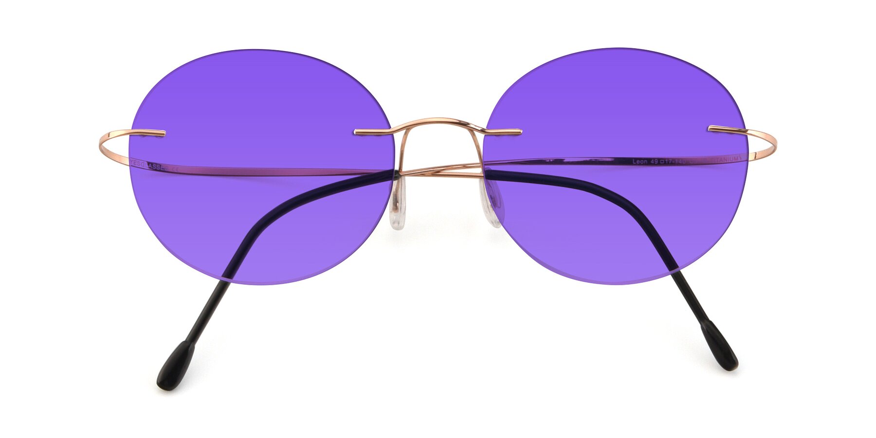 Folded Front of Leon in Rose Gold with Purple Tinted Lenses