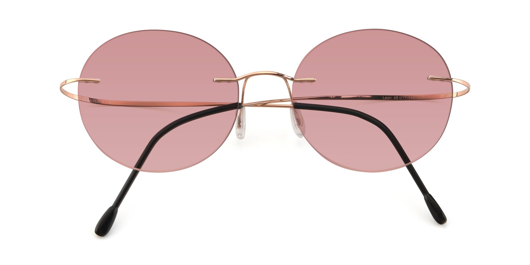 Folded Front of Leon in Rose Gold with Medium Garnet Tinted Lenses