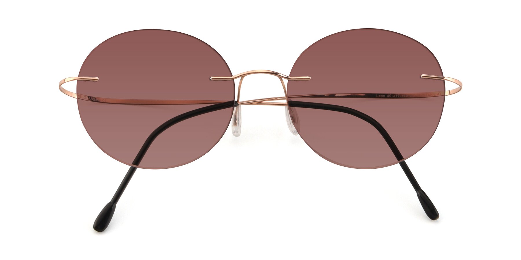 Folded Front of Leon in Rose Gold with Garnet Tinted Lenses