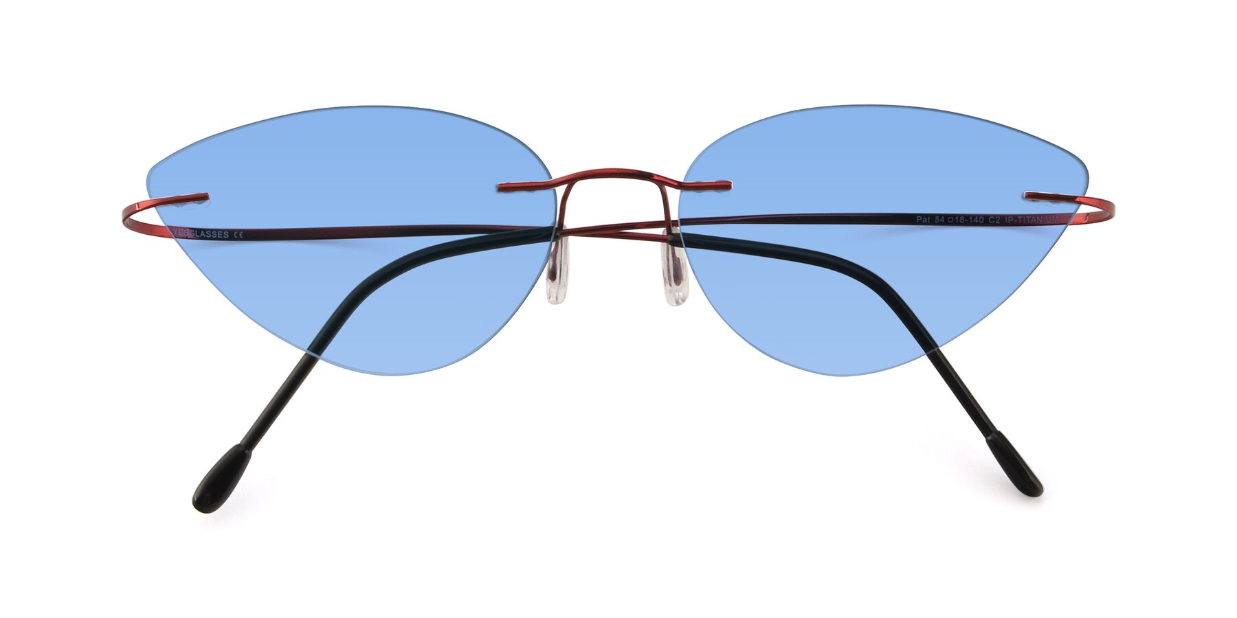 Folded Front of Pat in Wine with Medium Blue Tinted Lenses