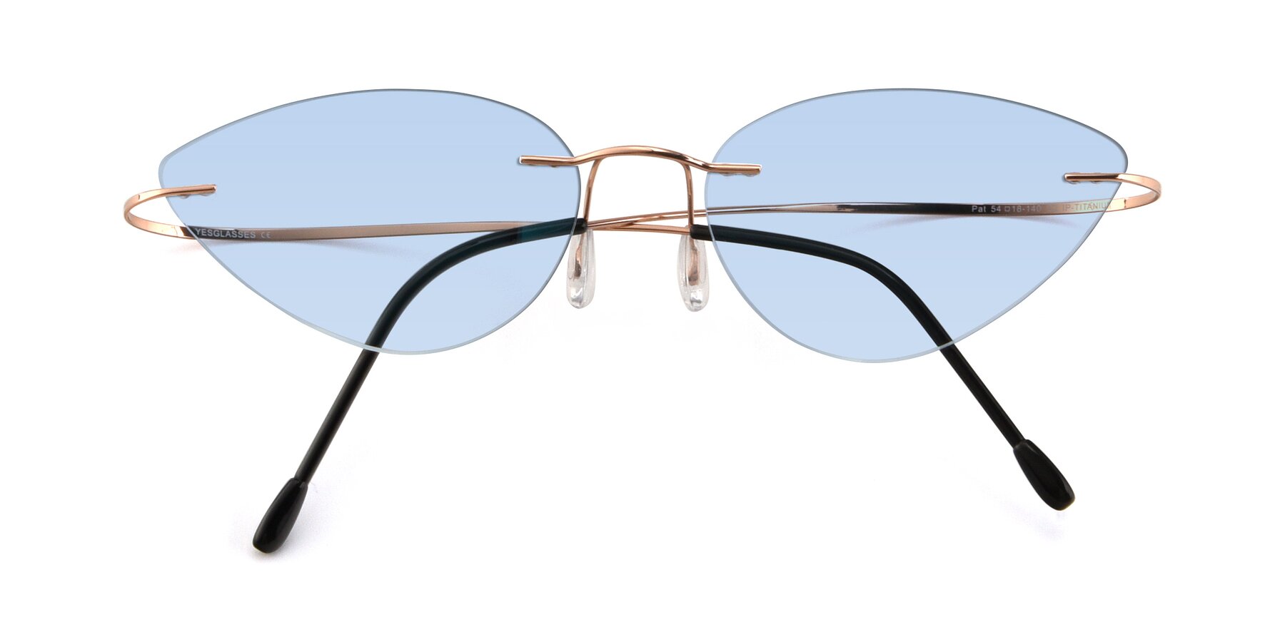 Folded Front of Pat in Rose Gold with Light Blue Tinted Lenses
