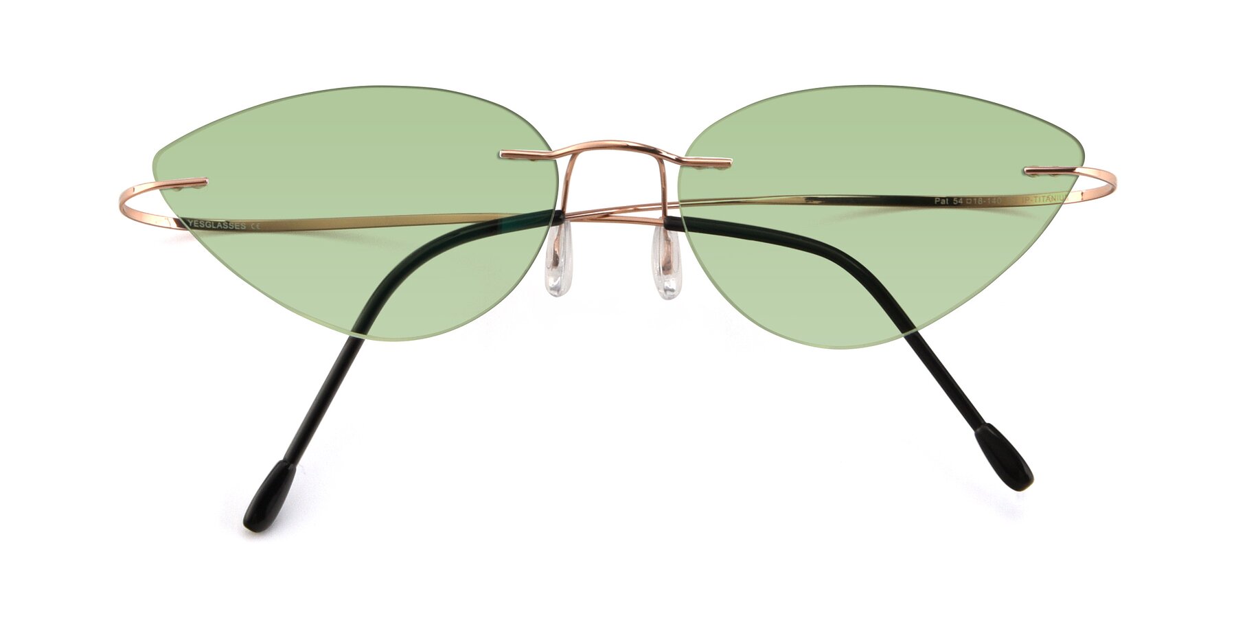 Folded Front of Pat in Rose Gold with Medium Green Tinted Lenses