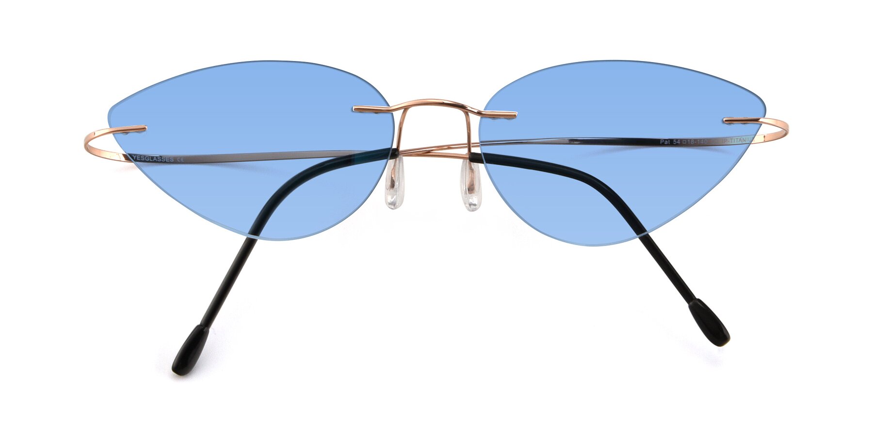 Folded Front of Pat in Rose Gold with Medium Blue Tinted Lenses