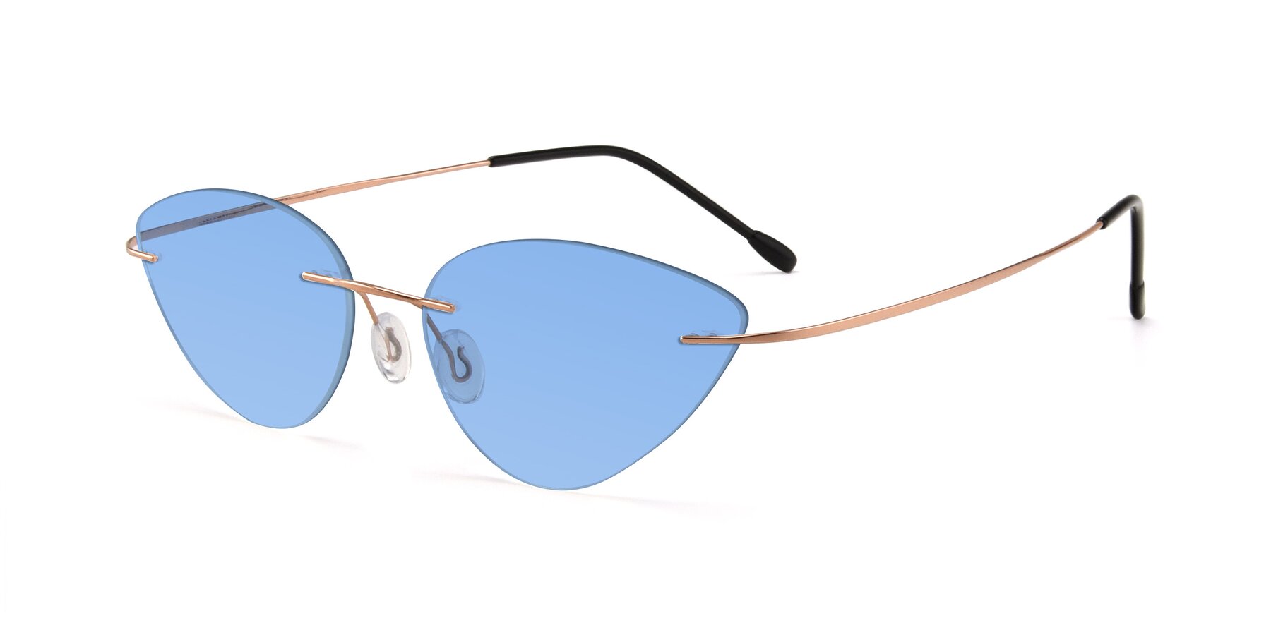 Angle of Pat in Rose Gold with Medium Blue Tinted Lenses