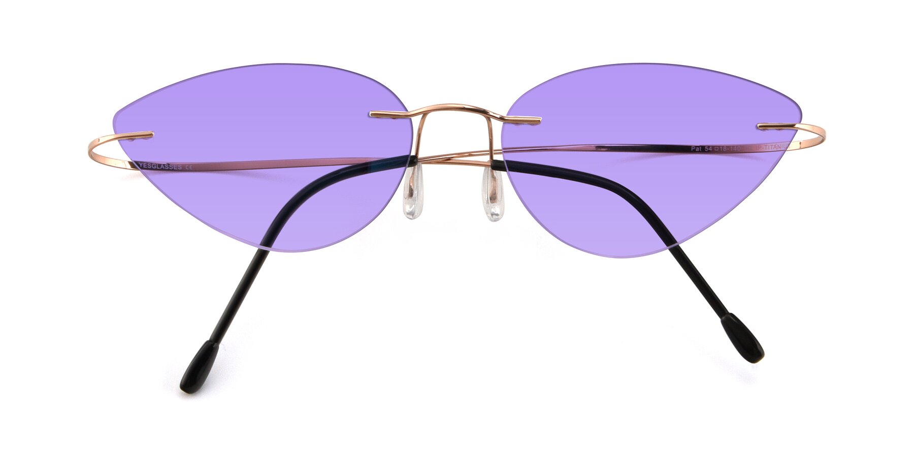 Folded Front of Pat in Rose Gold with Medium Purple Tinted Lenses