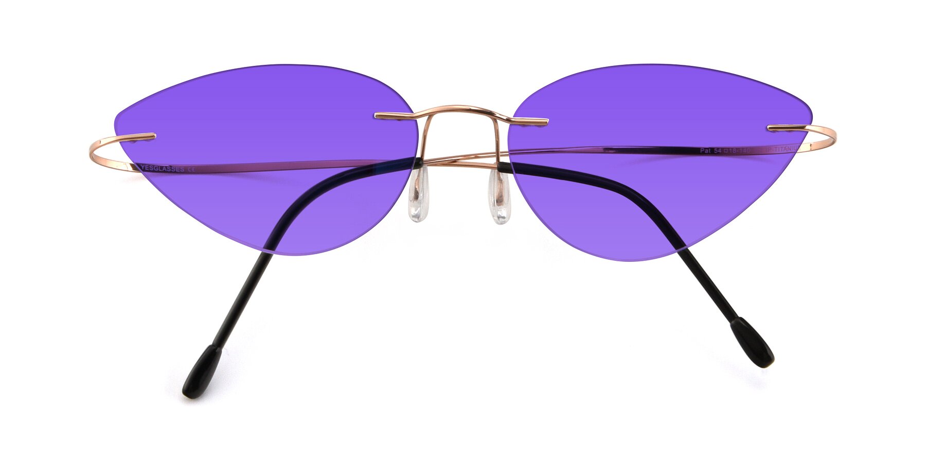 Folded Front of Pat in Rose Gold with Purple Tinted Lenses