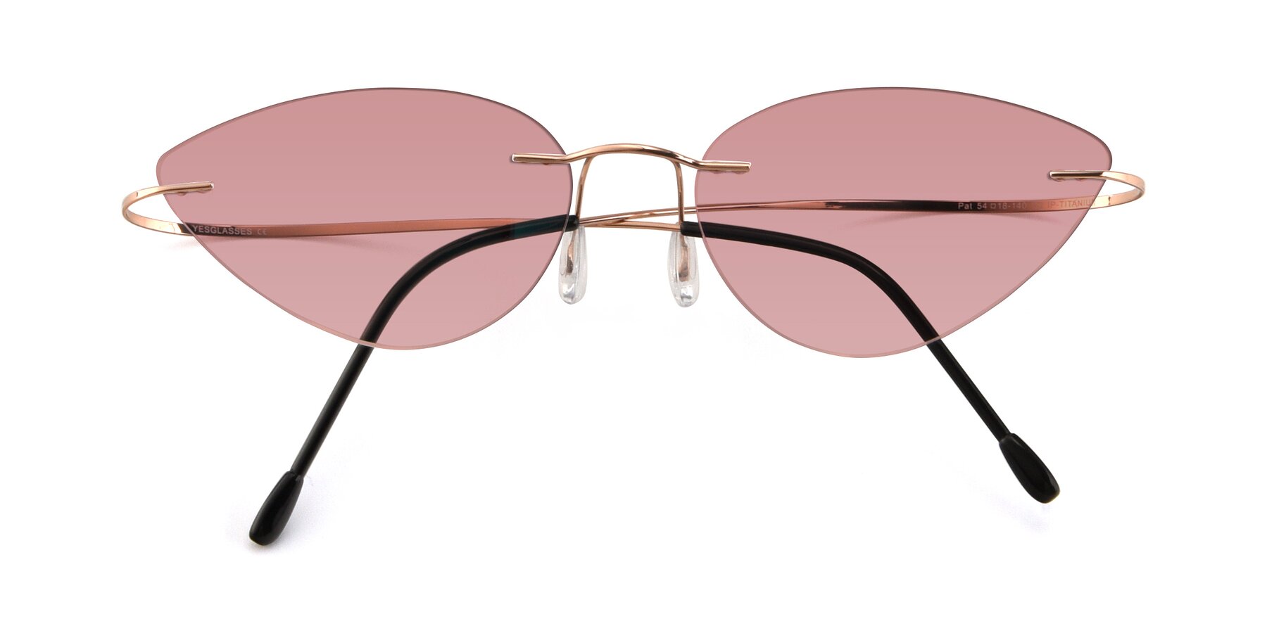 Folded Front of Pat in Rose Gold with Medium Garnet Tinted Lenses