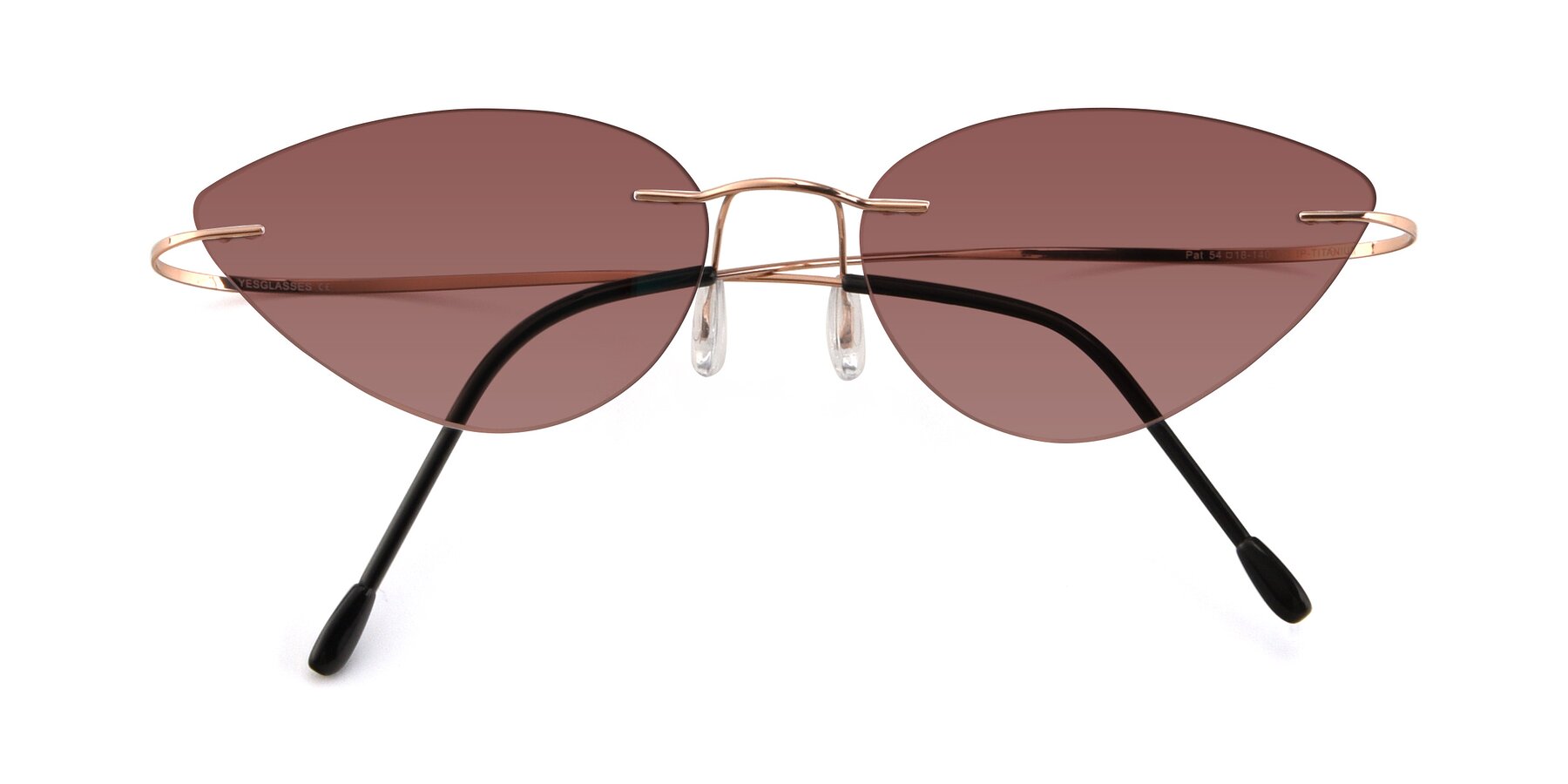 Folded Front of Pat in Rose Gold with Garnet Tinted Lenses