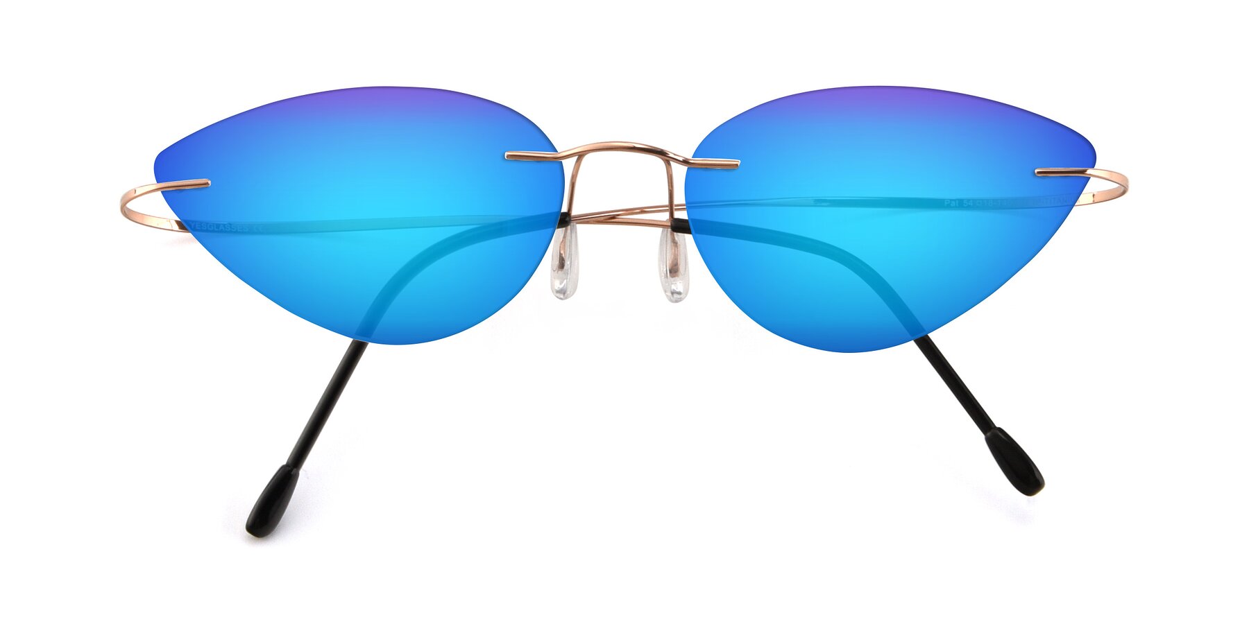 Folded Front of Pat in Rose Gold with Blue Mirrored Lenses